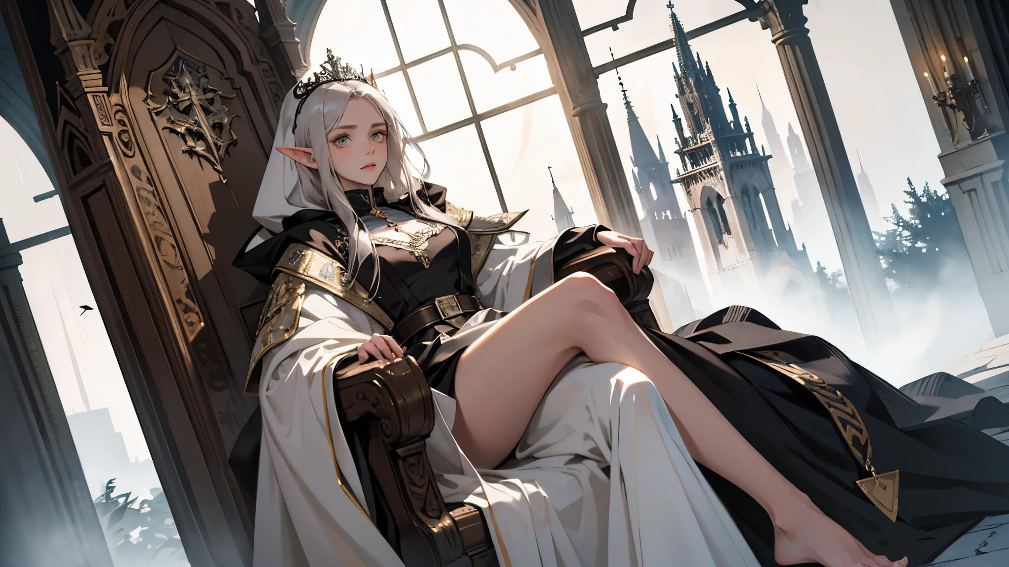 masterpiece, ultra detailed, 8K Portrait, Raw photo, a portrait photo of girl, Highly detailed face, beautiful and meticulous eyes, ((Fantasy)), (elf:1.0), 1woman, 30 year old, gray long hair, brown eyes, (melancholy expression:1.2), tiara, skinny, (ultra thin black transparent silk cloth), hooded long white coat Fluttering in the wind, ((bare foots)), Midday Sun, Hyper realistic, out of medieval castle in the sky, sitting on the throne, Ambient lighting, Shadow details , strong breeze, Light fog