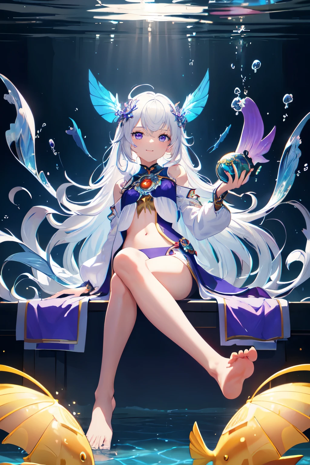 [(Transparent background:1.5)::5],(((masterpiece))),(((best quality))),(((extremely detailed))),illustration, 1girl,solo,mysterious,vivid color,shiny, underwater transparent sealed hemispherical glass dome, (white hair),(purple eyes), full body,barefoot,long hair tranquil nature, koi,Underwater, Dome,close up,Dynamic actions,Lens perspective,(((Box composition))),sit cross-legged and lean against the bookshel, volumetric lighting, multi-color eyes, detailed eyes, hyper detailed,light smile, highly detailed, beautiful, small details, ultra detailed, best quality, intricate, 4k, 8k, trending on artstation, good anatomy, beautiful lighting, award-winning,
