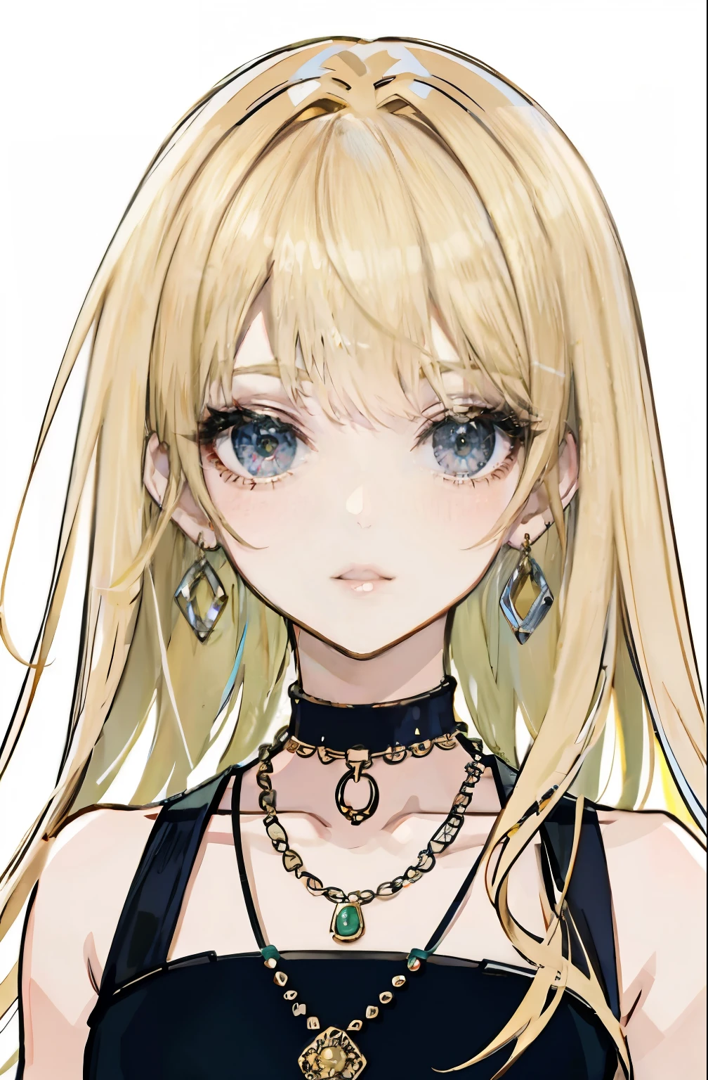 1girl, jewelry, earrings,, solo, long hair, blonde beige hair, messy hair, long hair bangs, green beautiful 青いeyes, beautiful detailed eyes, looking at viewer, expressionless, closed mouth, necklace, choker, portrait, bangs, upper body,bad-girl, small breasts ,