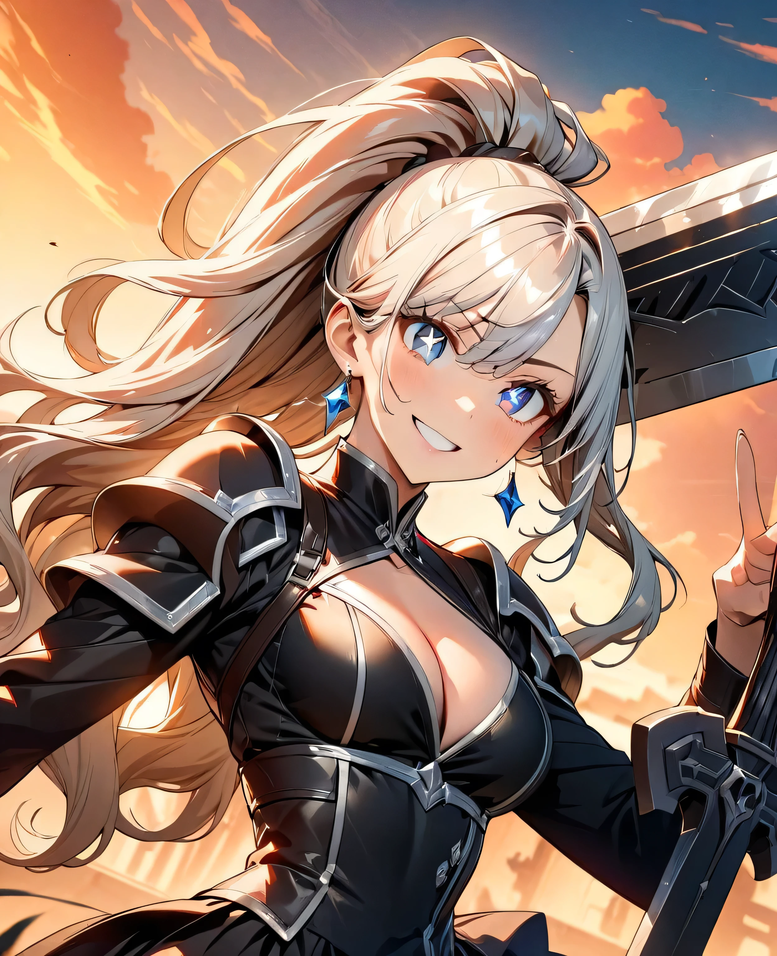 (highest quality:1.2, Very detailed, Latest, Vibrant, Ultra-high resolution, High Contrast, masterpiece:1.2, highest quality, Best aesthetics), (((1 girl))), Girl with a big sword, Chopper knife, Executioner, An illustration, Silver Hair, High Ponytail, Wavy Hair, blue eyes, jewelry, Earrings, (((Expression of fine eyes:1.2, Beautiful Skin, Detailed facial expressions))), Flowing hair, (Crazy Smile, Sparkling eyes), Delicately drawn equipment, Coldly Shining Weapon, Shiny Armor, ((Random Pause, Dutch Angle)), Beautiful sunset background, Bright colors, Dramatic lighting, Brave pose, Sharp focus, Gazing Eyes, Beautiful Skin, Shiny skin, Perfect Fingers, Five Fingers, Anatomically correct, Background Blur.Cleavage