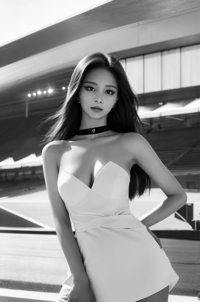 Tzuyu 1, woman, (Realistic), (Hyperrealism), (photoRealistic), Written boundary depth, eye make up:0.7 (whole body:1.2), (Large Bust),(Tight waist), Observe the audience,In the pits of a race track, Race Queen, A sexy dress with open shoulders and neckline