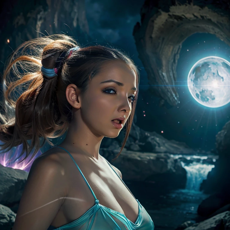 a woman with flowing sheer silk clothes, yelling as she summons a dragon ball, blasted moonscape, highly detailed, 8k, photorealistic, cinematic lighting, dramatic, powerful, energetic, athletic, young female, detailed face and eyes, flowing hair, dramatic pose, powerful energy, dragon ball, blasted moonscape, dramatic sky, glowing energy, cinematic, epic, stunning, masterpiece