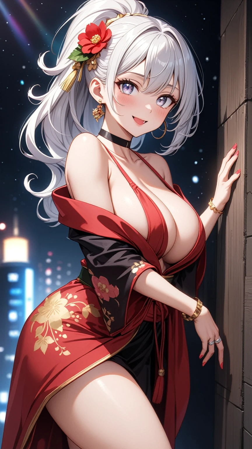 ((one personの女性)), Beautiful Face,((Wink:1.9)),((a woman in a sexy pose. She is leaning against a wall, with one leg bent and resting against the wall, looking seductively at the viewer:1.3)),(Bright red cheeks:1.4),Laughing embarrassedly,Laughing with your mouth open,Glossy pink lips,Lighting on the face,night,night景と海が美しい公園,Colorful fireworks,((Anime style background)),masterpiece, highest quality, so beautiful, Latest, Complex details, (Pink long nails),(ring),(bracelet),(choker),AI-generated, Complex,High resolution, highest quality, super high quality,3D Images、View your viewers、3D Images,one person,Long white hair,High Ponytail,(blue eyes),Anime woman posing for a photo, ((Fine grain、Silvery white colorful eyes、Shining Eyes:1.3)),(Squint your eyes:1.1),a hyperRealistic , hyperRealistic , Realistic,Anime woman with long and white hair, Smooth anime CG art, A woman in a colorful kimono with gold embroidery, (Black kimono),Red floral pattern,Long flower hair ornament,Big earrings,Mature Body,(Big Breasts:1.1),Tall,Big Ass,Fine details,Abdominal muscles,Narrow waist,(Zoom in on face:1.1),Shooting from an angle