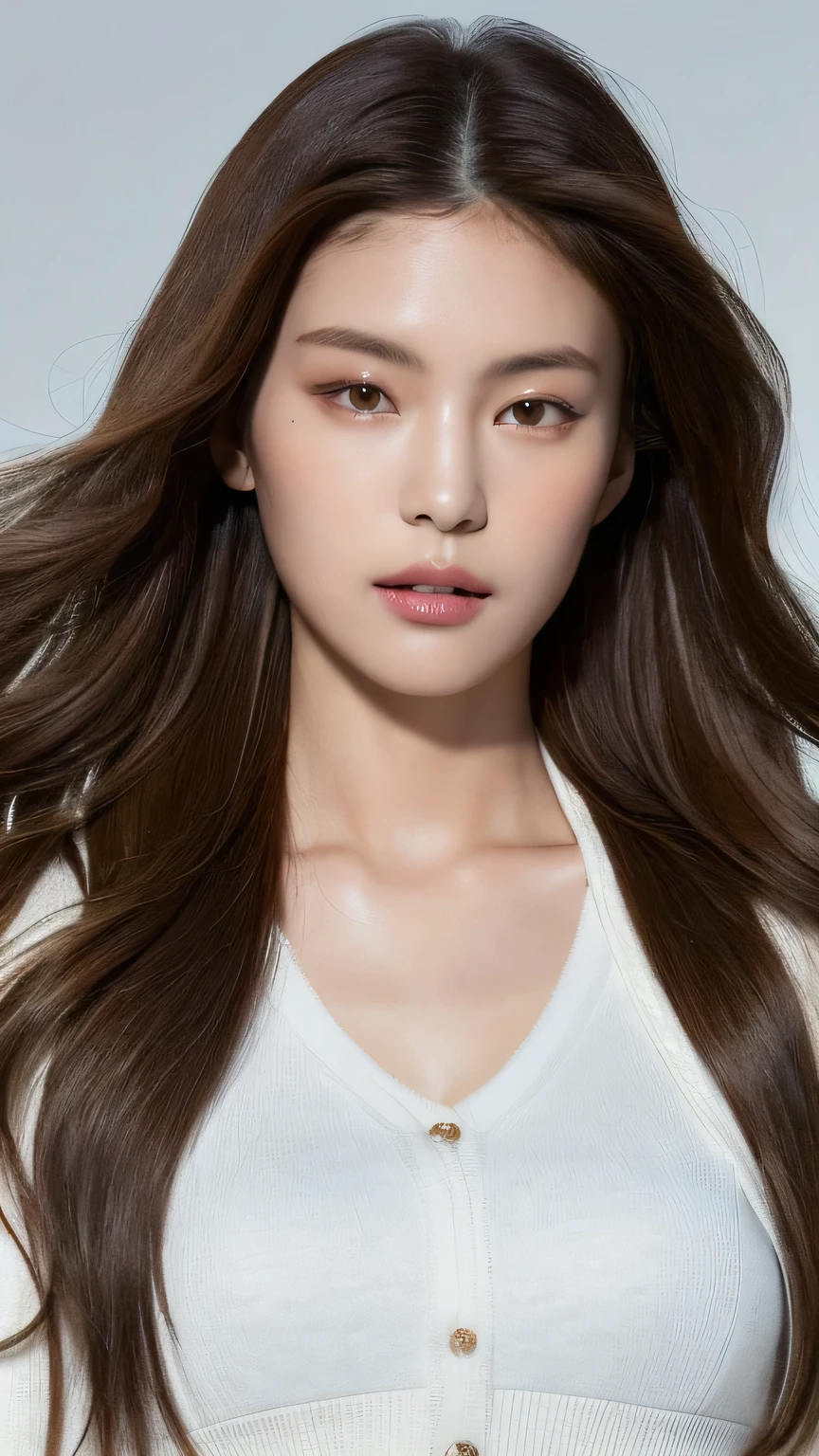 (Best Quality, High Resolution, Masterpiece: 1.3), A tall and beautiful woman, slender abs, dark brown hair, loose wavy shape, breasts, white T-shirt covered by open black varsity jacket, sweatpants, evening, details of face and skin texture beautifully presented, detailed eyes, double eyelids