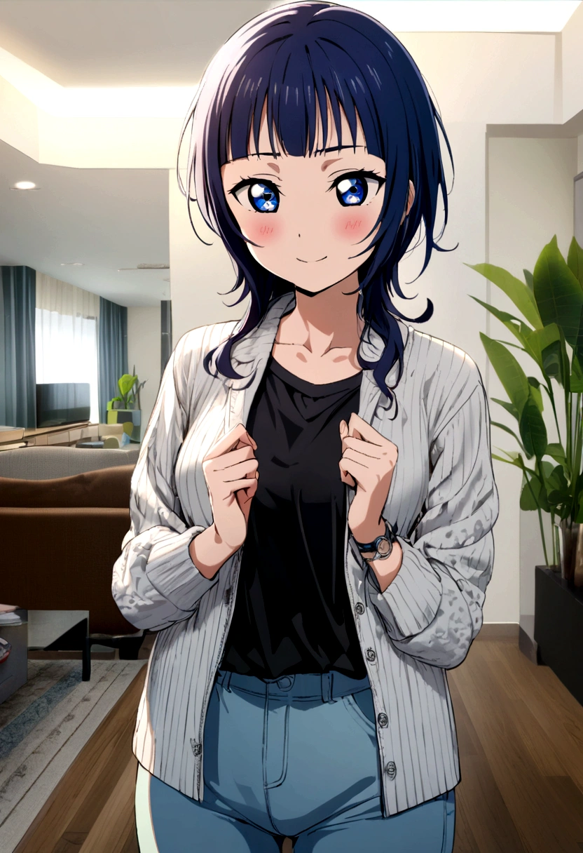 1girl, asaka karin, Love live nijigasaki, modern living room background, casual clothes, 