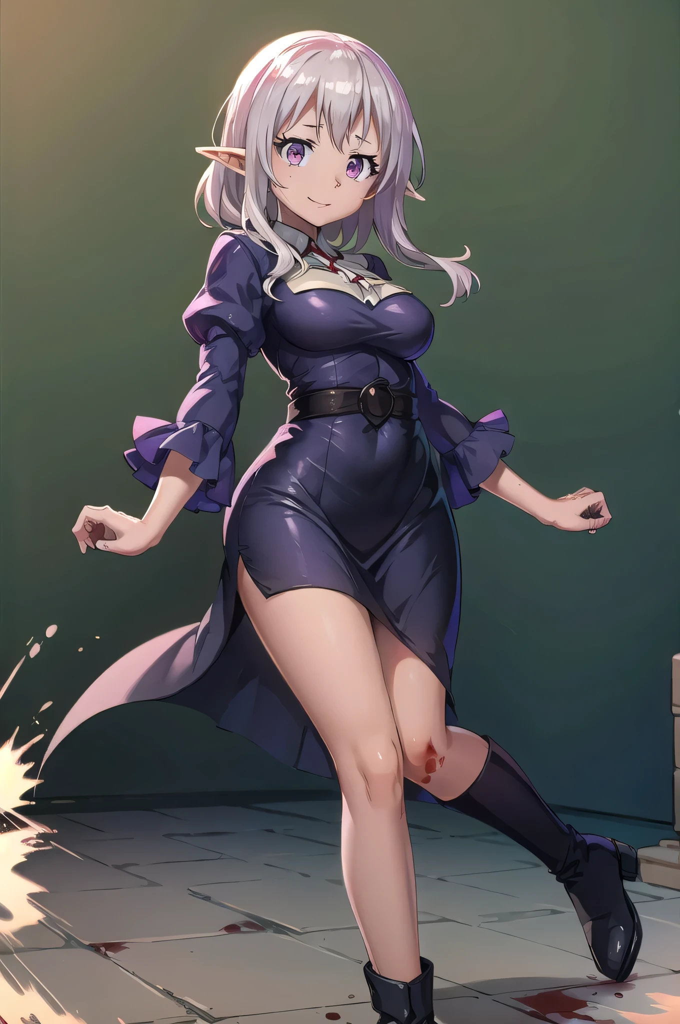 (masterpiece),  Best quality,  a high resolution,  extremely detailed,  detailed background,  cinematic lighting,  Open,  1 Girl,  elf,  Medium hair,  silver hair,  crossed bangs,  Purple eyes,  medium breasts,  pink shirt,  black dress,  spectacular hair decorations,  A skirt,  frill,  lace headbands,  frilled sleeves,  frilled A skirt,  up to the thigh,  ankle boots,  yandere,  yandere face,  shaded face,  crazy eyes,  sparkling eyes,  crazy smile,  blood,  blood on face,  blood on clothes,  hands on your own cheeks