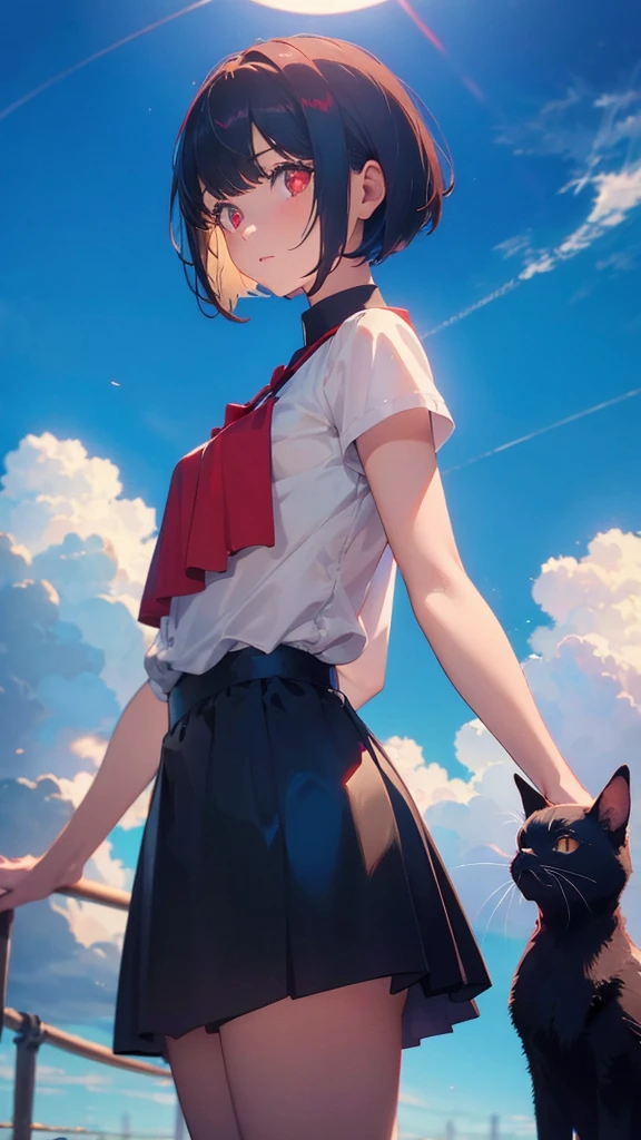 girl with short bob hair,Red eyes ,A shining heaven,in heaven,Are standing,Petting a black cat,Beautiful blue sky