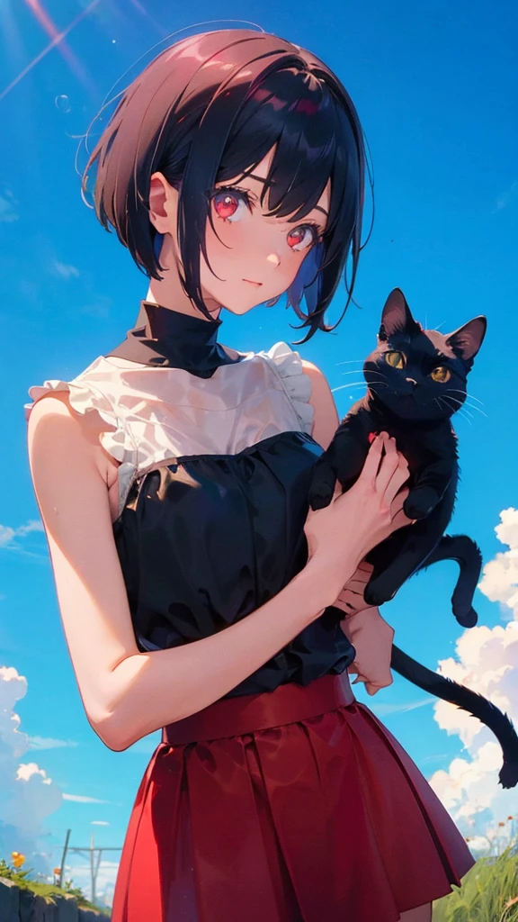 girl with short bob hair,Red eyes ,A shining heaven,in heaven,Are standing,Petting a black cat,Beautiful blue sky