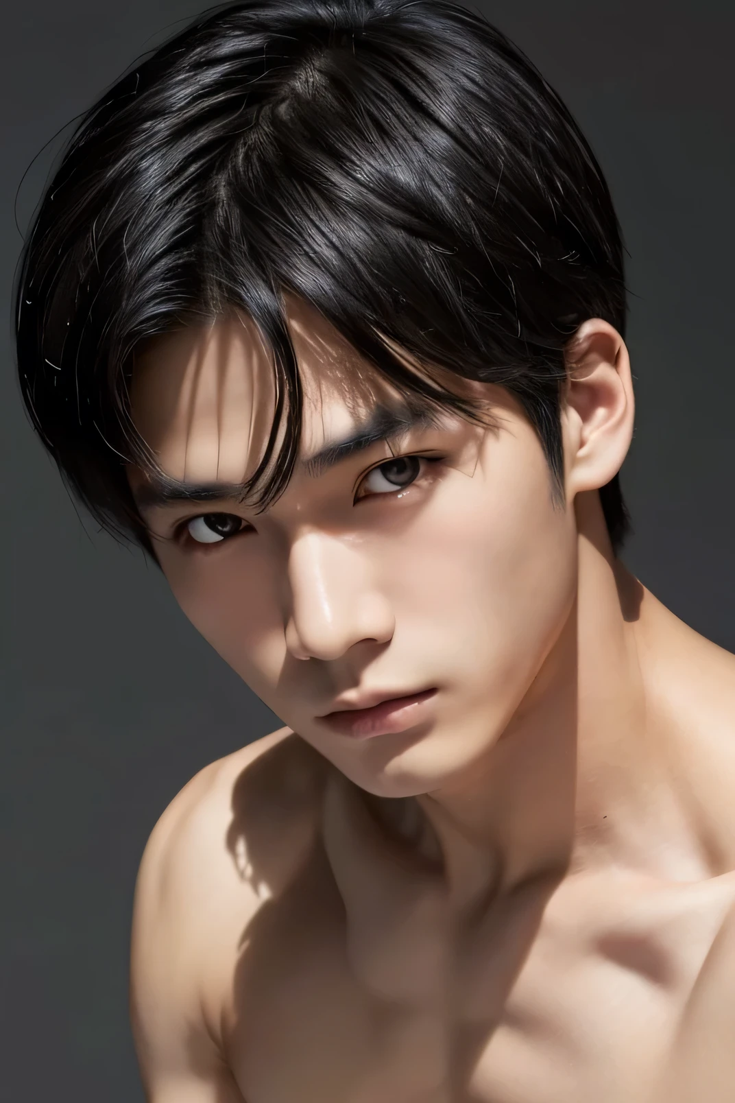 Handsome Japanese male model, 19 years old Black Hair short hair Short cut Baby Face Staring straight into the camera with a stern look Beautiful Skin slim and muscular front Facing no background No background Upper body face up Gray tone no background No background front Facing I am begging you to endure my sorrow.