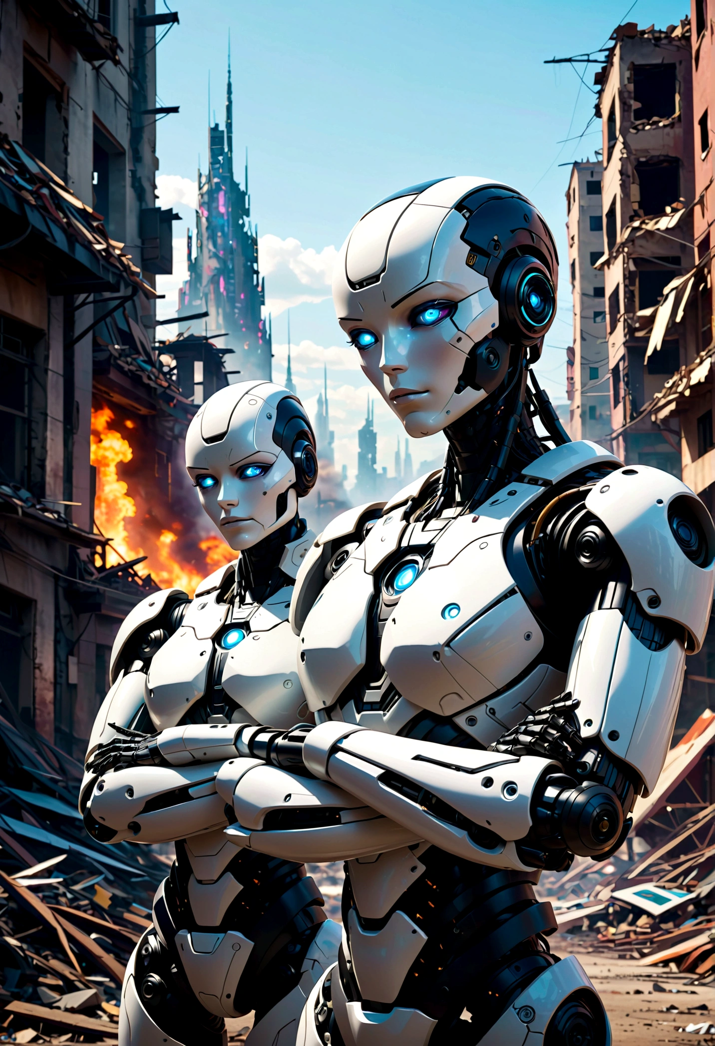 Highly sophisticated robots, Crossed arms in front of a destroyed city, Disgusted look, The bionic body is full of futuristic elements. 