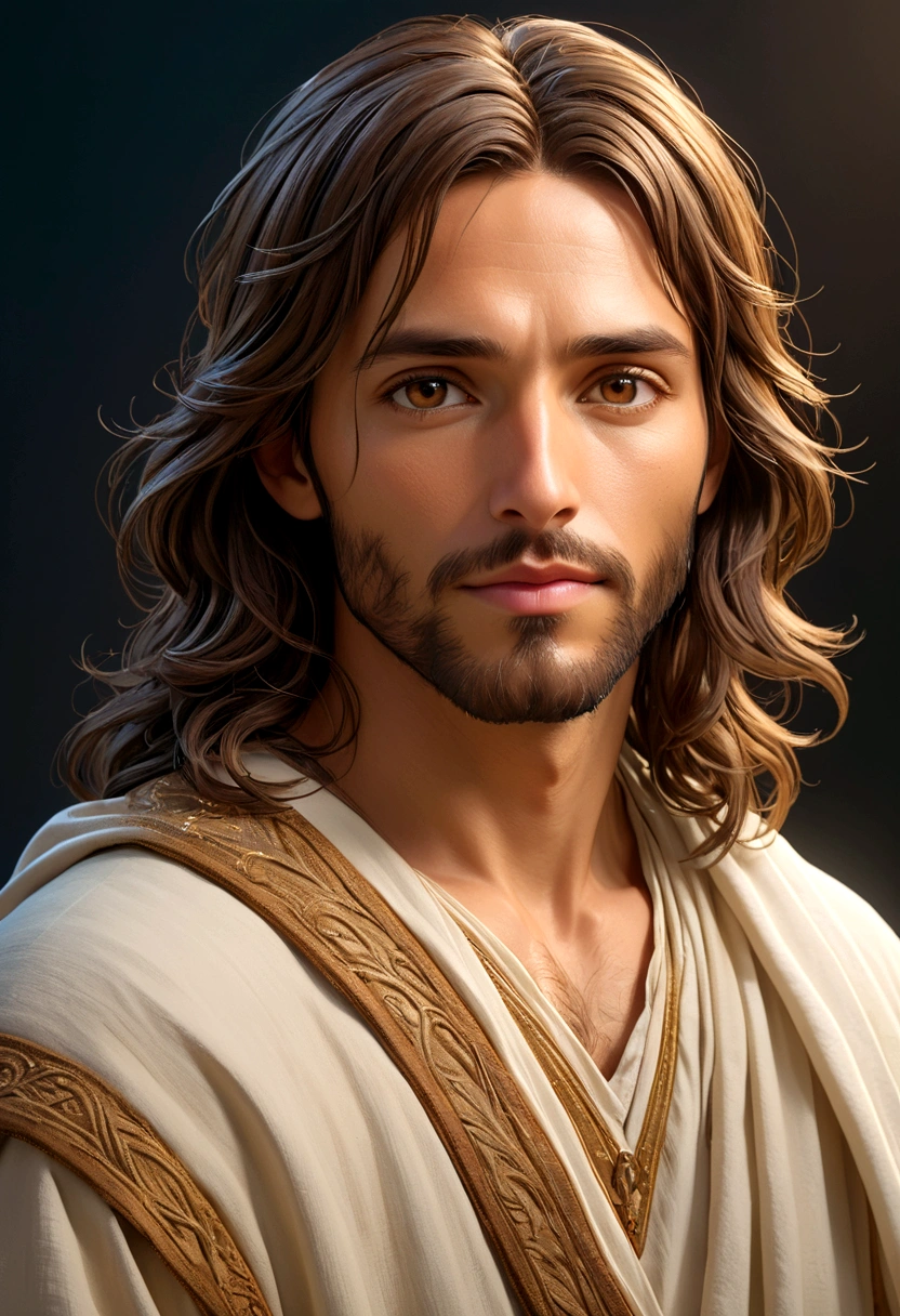 looking at camera with modern clothes, tender and bright look seen Jesus of Nazareth is depicted in the image as a compassionate and gentle figure with shoulder-length, wavy brown hair cascading over his shoulders. His mesmerizing hazel eyes convey a profound sense of wisdom and empathy, radiating warmth and understanding. A serene smile graces his lips, illuminating his face with an otherworldly tranquility. modern clothes, Miki Asai Macro photography, close-up, hyper detailed, trending on artstation, sharp focus, studio photo, intricate details, highly detailed, by greg rutkowski