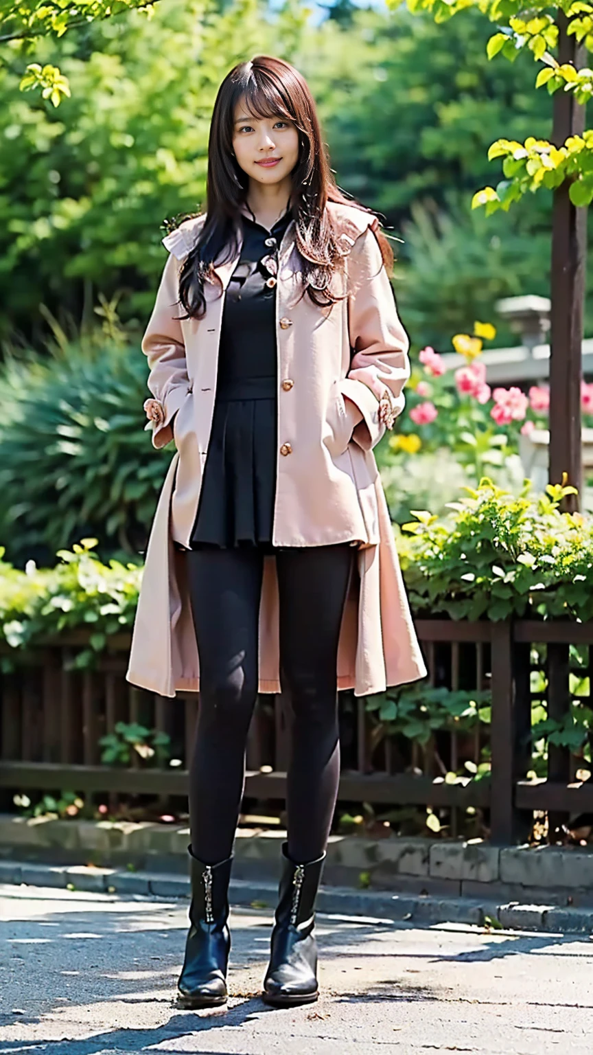 (8k、RAW Photos、highest quality、masterpiece:1.2)、(Realistic、Realistic)、1 girl、((garden、Pink Coat、smile、Large Breasts、tights、Black ee-through、Frills、Semi-long hair、boots、Facing forward、Standing with hands on hips))、