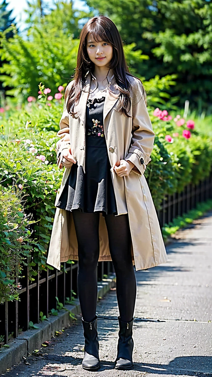 (8k、RAW Photos、highest quality、masterpiece:1.2)、(Realistic、Realistic)、1 girl、((garden、Pink Coat、smile、Large Breasts、tights、Black ee-through、Frills、Semi-long hair、boots、Facing forward、Standing with hands on hips))、