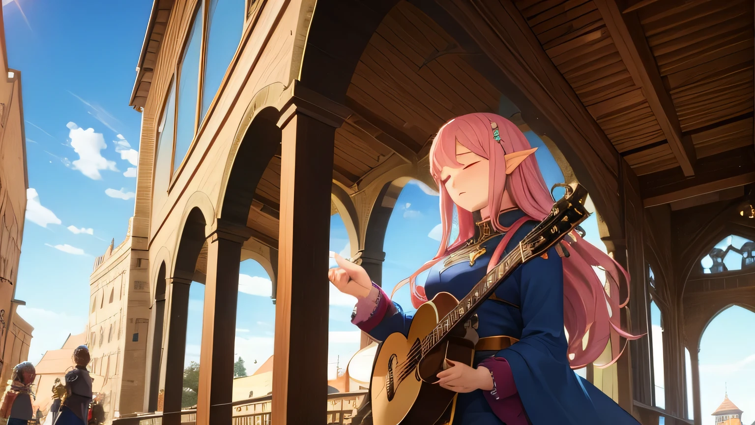 Anime Style,middle ages,A lively bar with lots of people,Beautiful sky,Beautiful bard elf girl with closed eyes,guitar