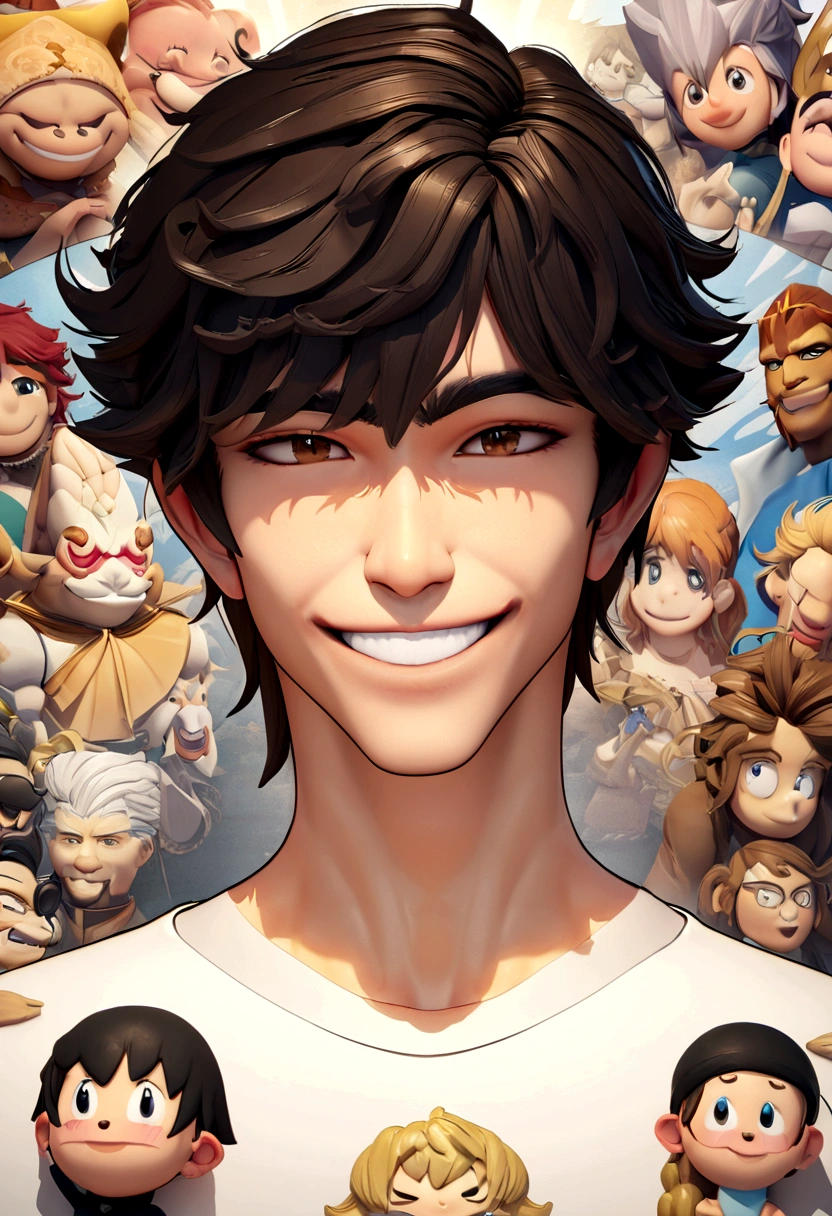 Illustration of smiling man, sorriso insano, Homem de pele marrom com um sorriso gigante, smiling happily at the camera, sorriso atrevido, he is smiling, sorriso muito grande, Macho sorridente, foto de perfil headshot, rindo sorriso enorme, desenhando no estilo de Arte 3D, c4d, fundo de cor branco puro, estilo disney, estilo pixar render ilustracao Super Detalhe, 8K