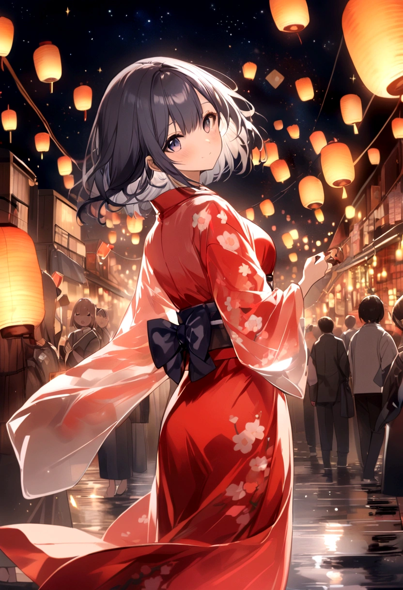 Starry Sky、Lots of lanterns、Floating lanterns、Girl in yukata