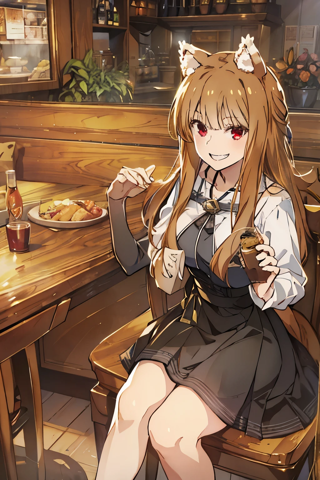 best quality,masterpiece,Dynamic lighting, (Holo of Spice and Wolf),wearing a black long skirt,long sleeves,My shoulders are exposed,bust,Sitting on a chair,a bewitching laugh,wave your right hand and say hello,tail wagging,Fangs that appear to be teeth,wooden table in front,sitting on a wooden chair,looking at the viewer,smiling brightly,afternoon,middle age,village inn restaurant
