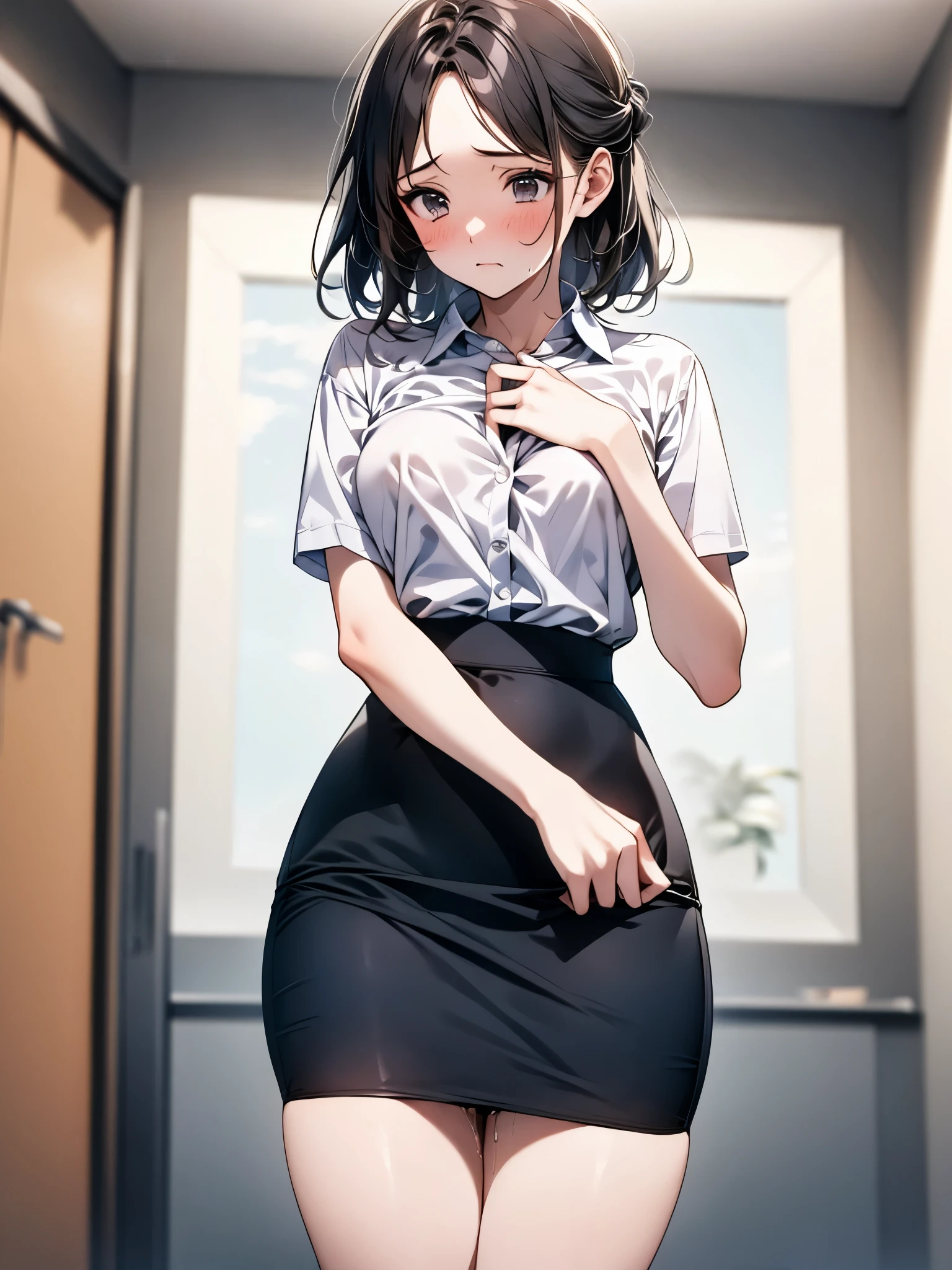 (1 person、solo), Beautiful woman, Anatomically perfect body, Slender、(OL, blouse)，(Pencil Skirt、pull the skirt down:1.3), (Pussy juice:1.2)、Are standing、(Look down:1.2), 20-year-old、(highest quality)、Black Hair, (half updo)、(8k, High resolution)、(shy:1.2)、Mid-chest, (steam:1.1), (embarrassed:1.2), Erect nippleultiple angles、(Inner thighs), wide shot