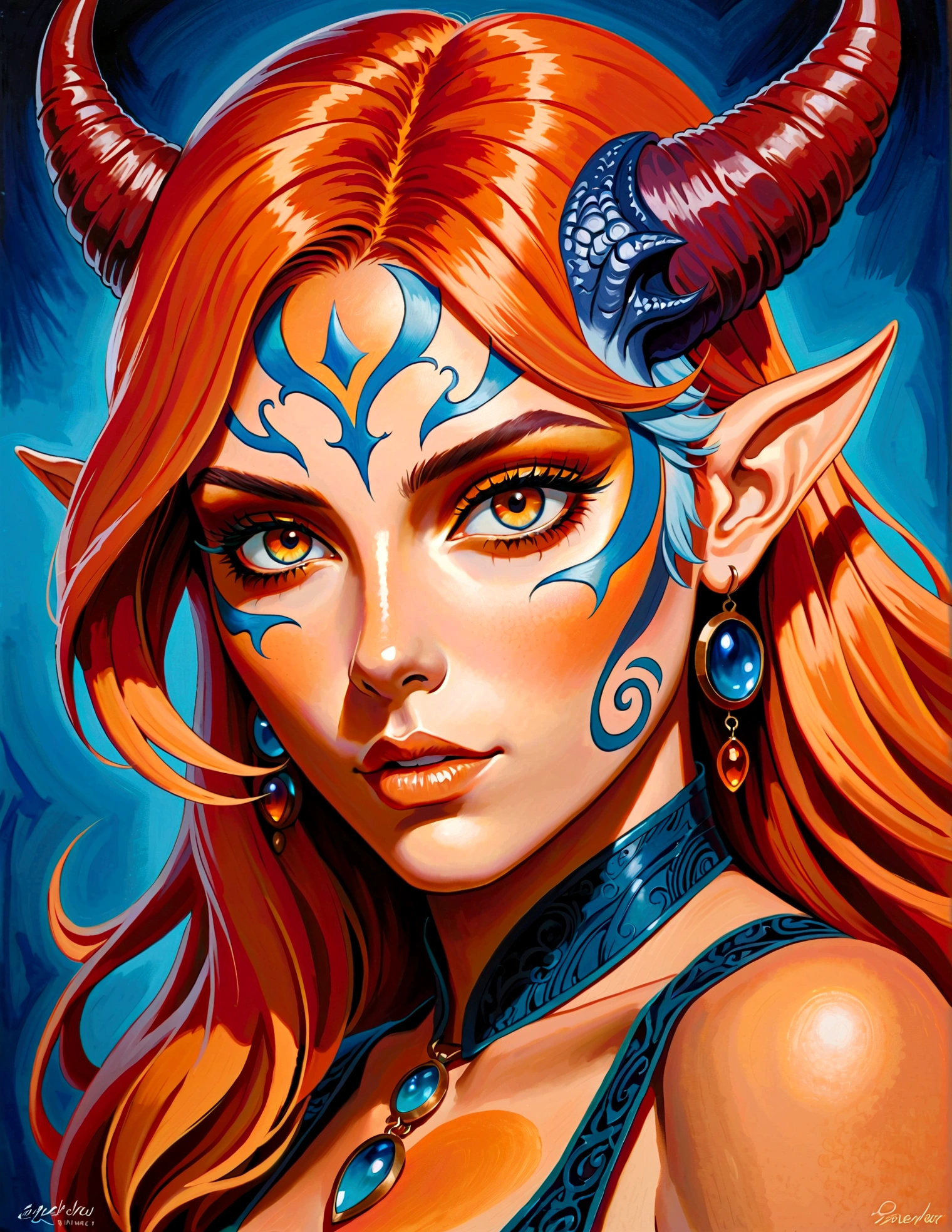 (((masterpiece))), (((best quality: 1.4))), ((Super Detail: 1.4)) , An extremely detailed gouache painting of a female tiefling, Gorgeous exotic style, Amber neon eyes:1.5,  Orange Hair, Extremely detailed facial features, Expressive face, Detailed texture, Blue skin tone, Tattoo, Natural Skin Shader, Volumetric method, Warm undertones in the skin, Ultra-high resolution