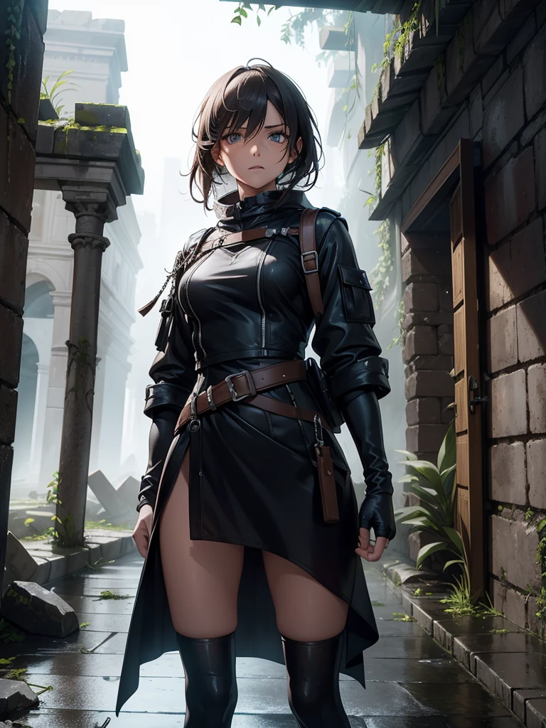 (Masterpiece, Best Picture, High Resolution), In the dim, ancient ruins where I sought shelter from the rain, I unexpectedly encounter a female thief. She stands there, eyes wide open as if she has seen the impossible, her expression a mix of shock and disbelief. Despite her surprise, her hand instinctively moves towards her weapon, ready to react to any sudden movements. The atmosphere is tense, with the sound of rain echoing through the ruins, highlighting the unexpected and startling nature of our encounter. nsfw, (Exposed bandit outfit)
