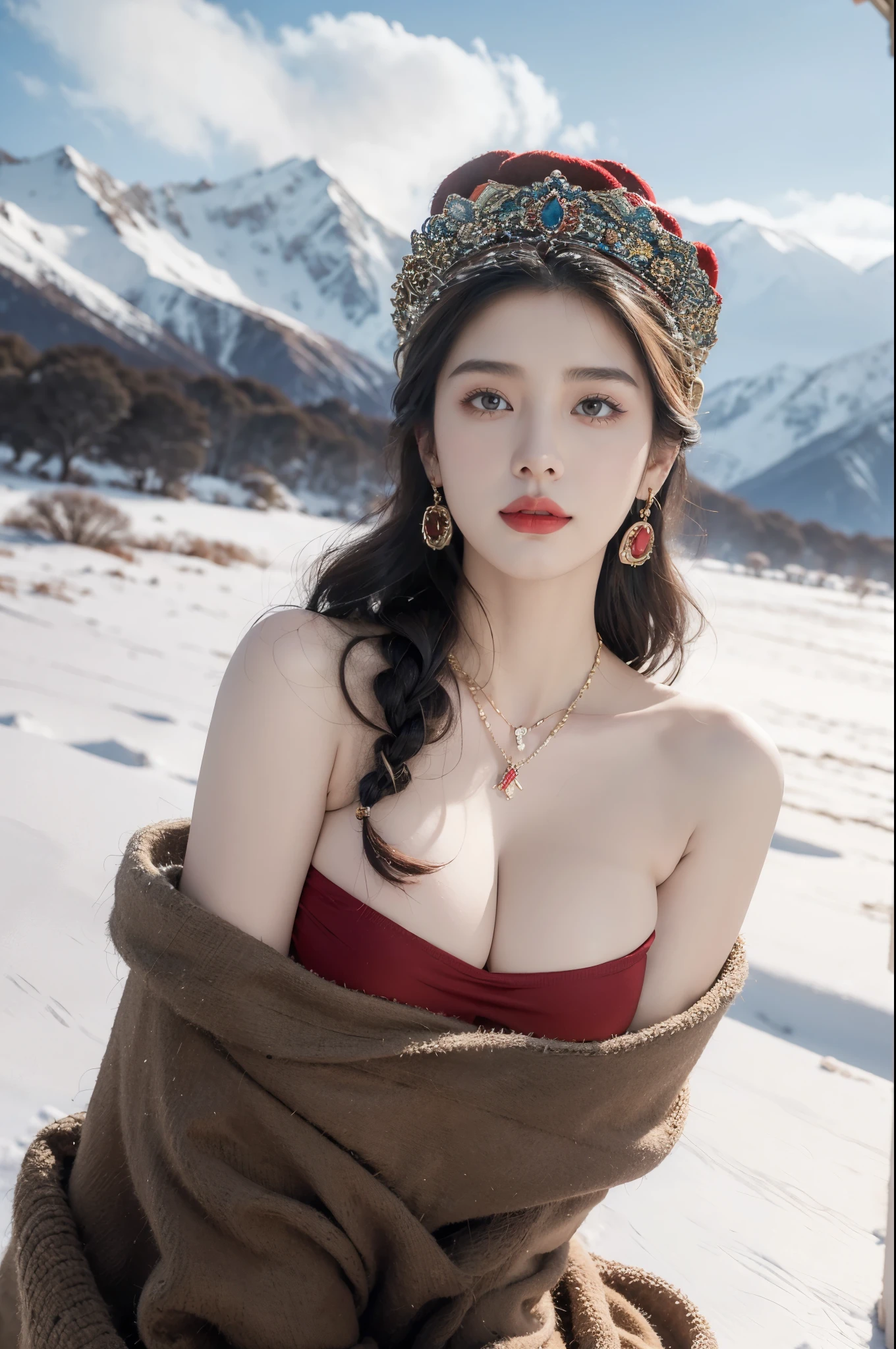 (masterpiece, best quality:1.2),strapless red Tibetan bra,1 Tibetan girl, blue sky, cloud, cloudy sky, day, earrings,Plush hat, horizon,Tibetan Earrings,jewelry,necklace, lips,snow mountain, outdoors, parted lips, red lips, solo, upper body,((cleavage,gigantic breasts))