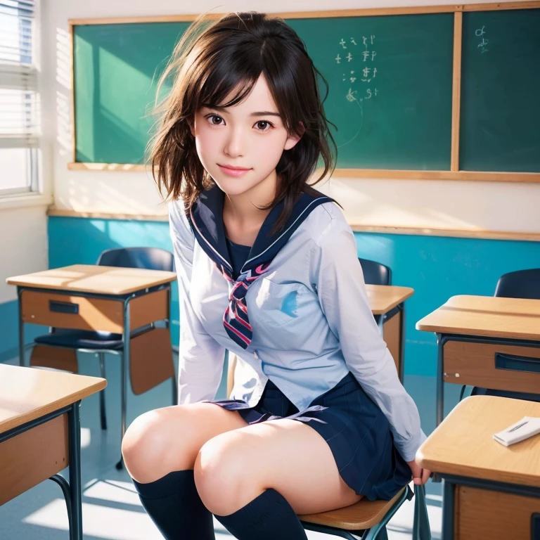 Beautiful girl sitting on a chair in a classroom with a blackboard, beautiful high school girl, a hyperrealistic schoolgirl, hyperrealistic , realistic , visual of a cute girl, girl desktop background, cute , best girl, attractive girl, makoto shinkai. digital render