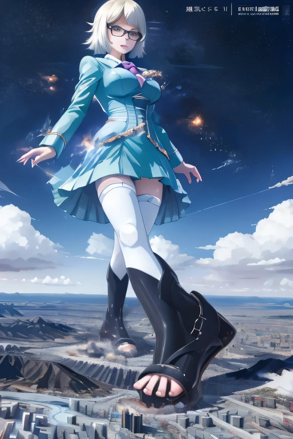 giantess art, highly detailed giantess shots, giantess, Two legs, Five fingers, short hair, A beautiful girl who is bigger than a skyscraper, Wearing rimless glasses, smile, huge breasts, blue base and white accents magical girl dress, bow, magical girl, holding a magical wand, black pantyhose, blue stiletto heels, thunderbolt from a magical wand, Destroying cities, Under heavy attack, A very small big city, Miniature metropolis, Full body description, GTS, giga giantess, stomping city, crash city, tiny city, micro city, pantyhose feet, High resolution, highest quality, masterpiece,