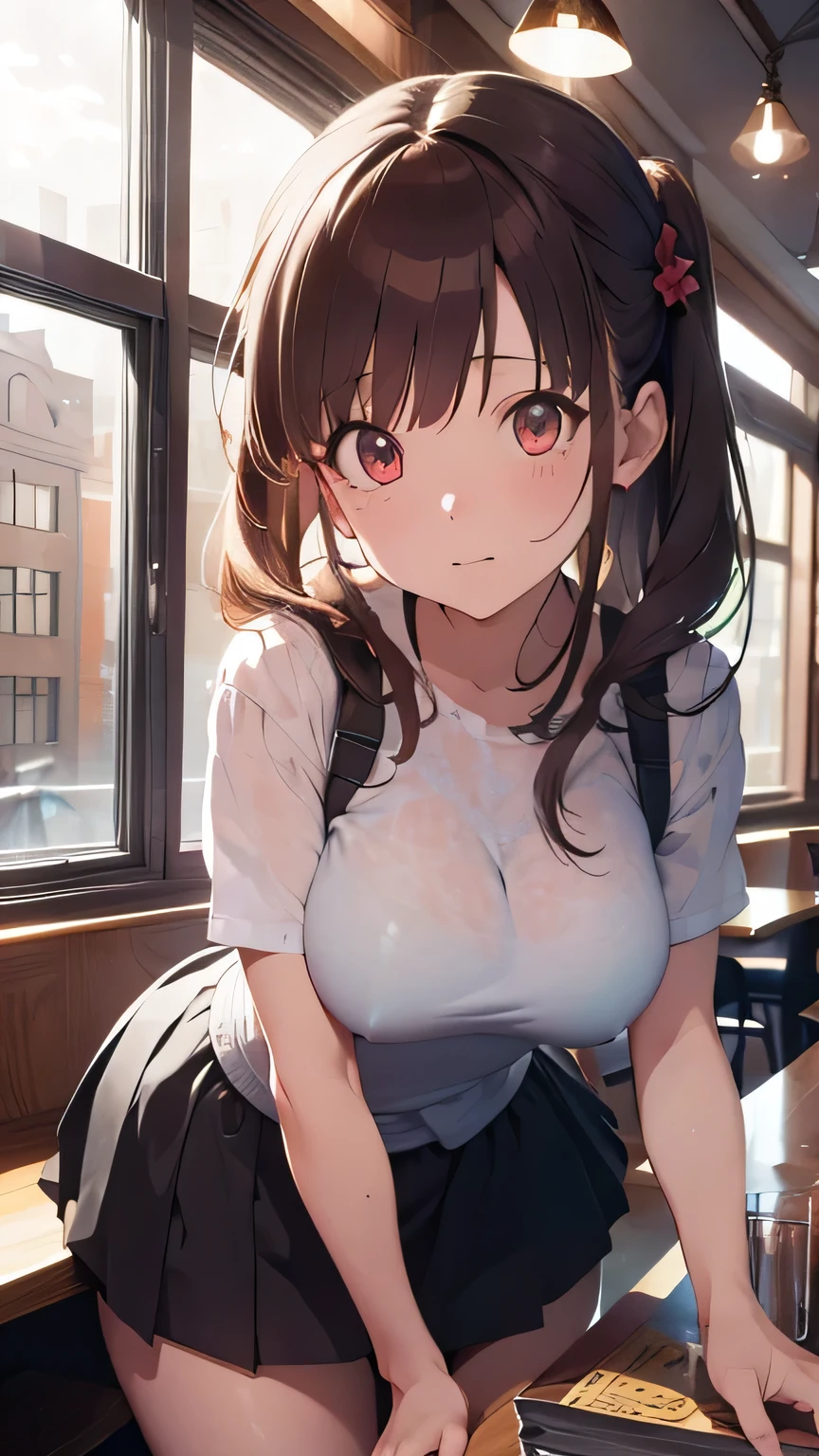 (Highly detailed CG Unity 8k wallpaper),(masterpiece), (highest quality), (Super detailed), (Best illustrations),(Best Shadow), Large Breasts Beautiful eyes Bunny girl Bending over to order(Nipples are sticking out of clothes) Dynamic Angle background(Inside the cafe)