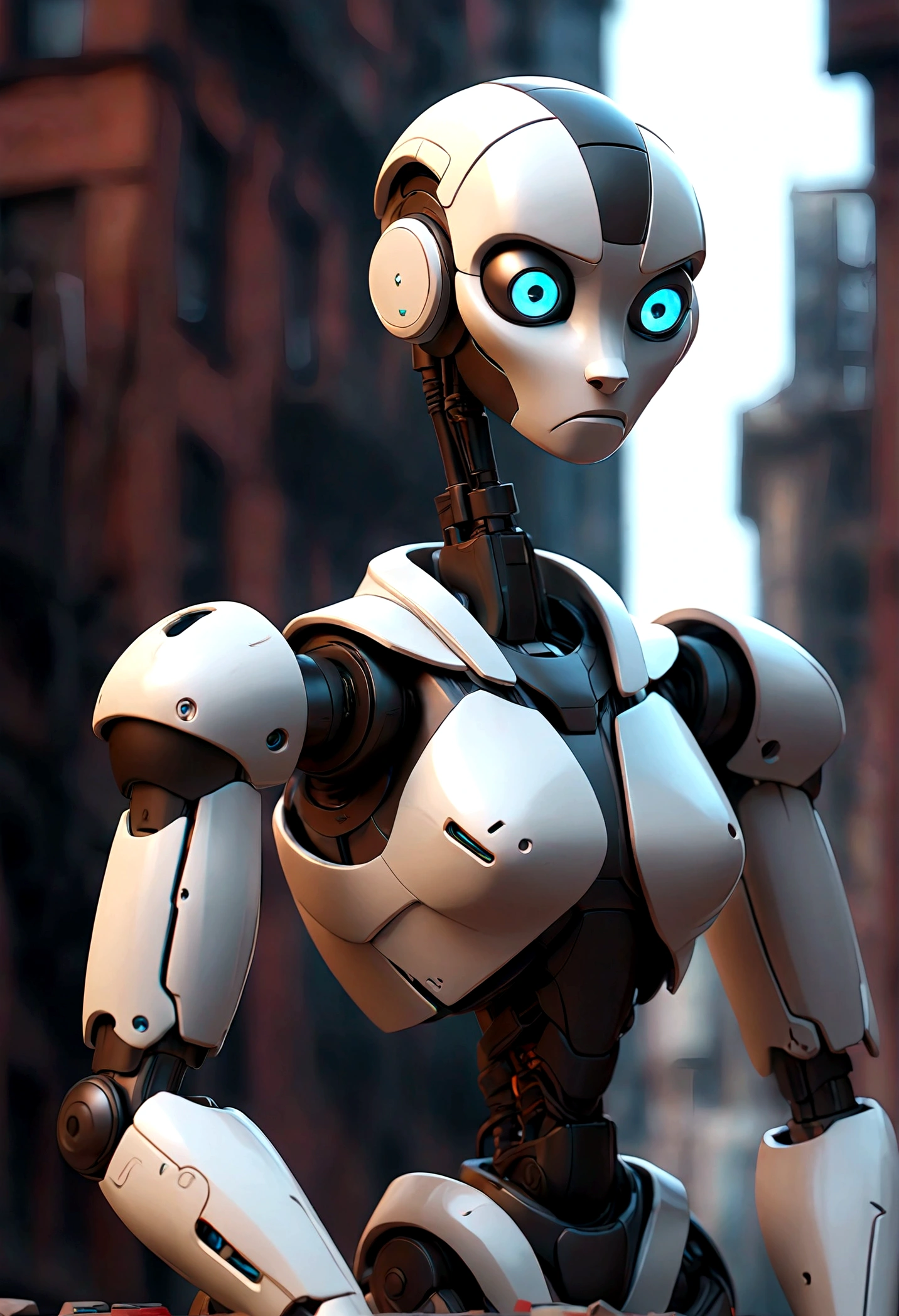 3D, Highly sophisticated robots, Crossed arms in front of a destroyed city, Disgusted look, The bionic body is full of futuristic elements.