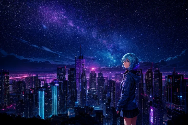 Cute girl characters,light-blue hair,purple  eyes,Night view from a high place、Drawing a large number of skyscrapers, Looking up at the starry sky. Surround her with colorful nebulae and colorful metropolis.