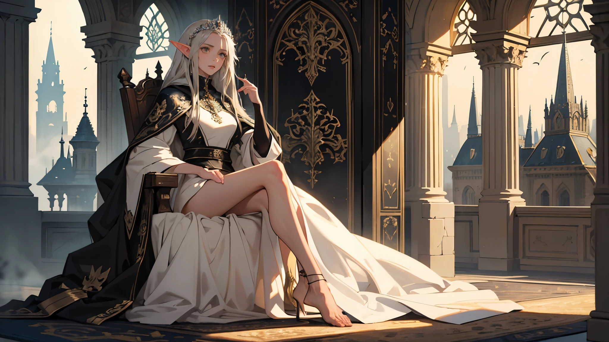 (Masterpiece: 1.2), Best Quality, (Illustration: 1.2), (Ultra Detailed), Ultra Detail, (Fine Detail), (Intricate Detail), (Film Light, Best Quality Backlight), Clear Lines, From Below, Soloist, Perfect Body, (1 Girl), White Hair and Yellow Eyes, (Emperor, Black Sheer Clothes), (Crown: 1.1), Sitting on a Throne, , Head Down, (Shyness: 1.2 ), (Makeup), High Contrast, (Best Lighting, Extremely Creative and Beautiful), (Movie Light), colorful, magic book in hand, contemptuous eyes, elven appearance, grand church background, clock