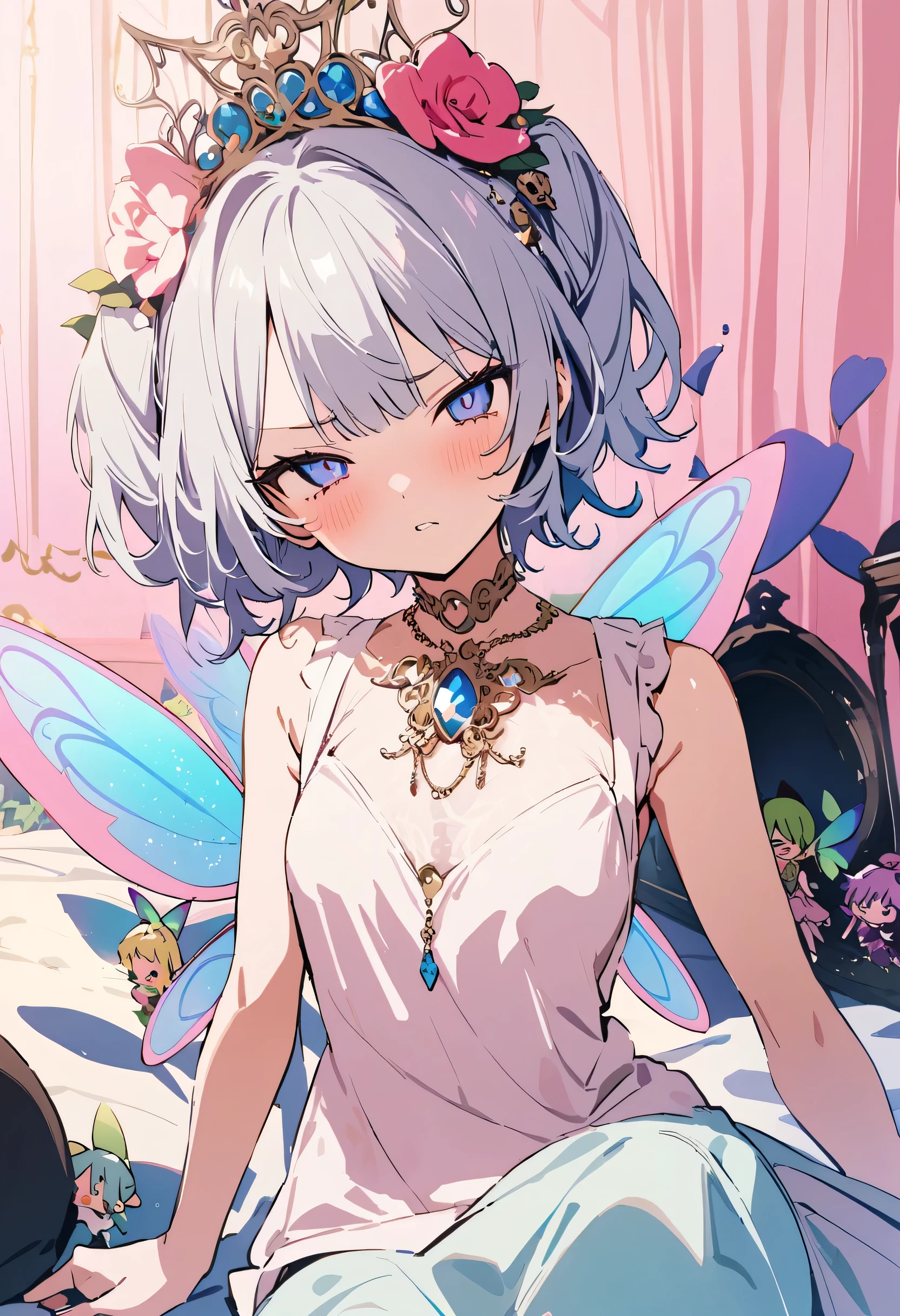 masterpiece, highest quality, Illustration of the novel, High resolution, 18+ Adult content, Sensual, Intimate, Emotional, Passionate, romantic, sweet, Adorable, Innocent, Pure, Charming, Charming, Charm, Mysterious, Charming, Charming, Immersive, Charming, dream-like, Surreal, Imaginative, Whimsical, artistic, Avant-garde, timeless, elegant, Sophisticated, chic, Sophisticated, personality, original, Charming,(( Fairy:1.3)),((A look of disgust:1.3))、Upper Body