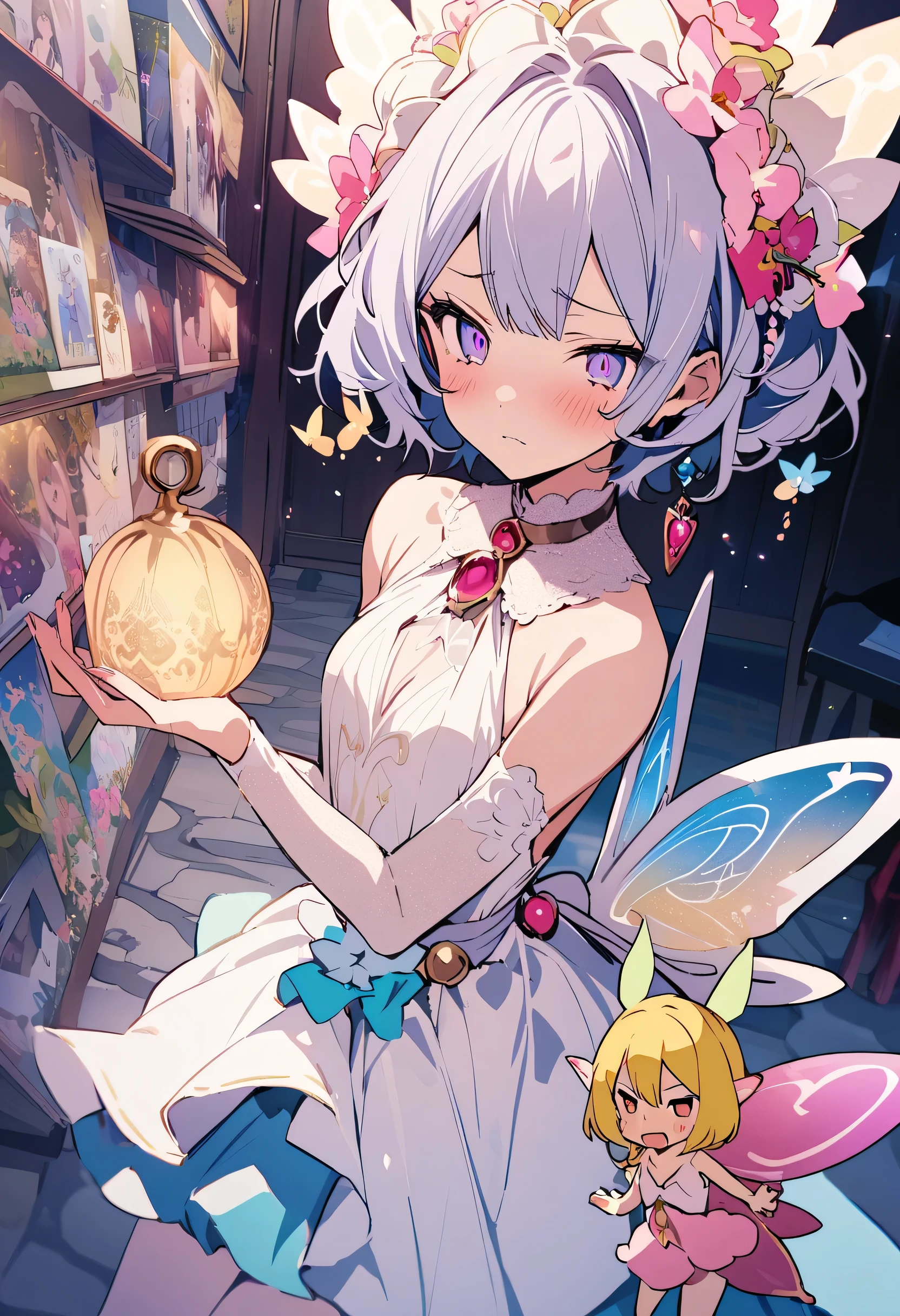 masterpiece, highest quality, Illustration of the novel, High resolution, 18+ Adult content, Sensual, Intimate, Emotional, Passionate, romantic, sweet, Adorable, Innocent, Pure, Charming, Charming, Charm, Mysterious, Charming, Charming, Immersive, Charming, dream-like, Surreal, Imaginative, Whimsical, artistic, Avant-garde, timeless, elegant, Sophisticated, chic, Sophisticated, personality, original, Charming,(( Fairy:1.3)),((A look of disgust:1.3)、Upper Body、(Little)