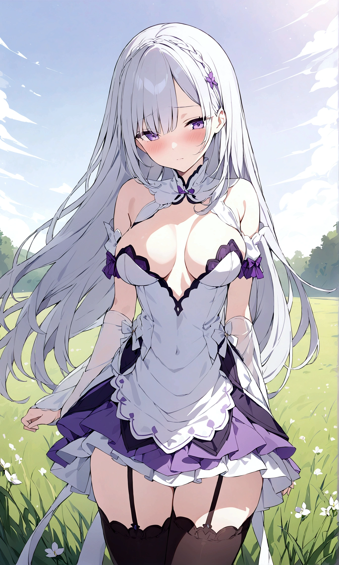 masterpiece, emilia, re zero, silver hair, purple clothes, white clothes, stockings, field, cowboy shot, medium breasts, shy,