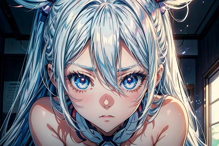 anime girl with white hair and blue eyes in a room, an anime drawing inspired by Puru, trending on pixiv, mingei, rogue anime girl ayanami rei, close up of a young anime girl, screenshot from a 2012s anime, still from tv anime, white fox anime, with huge luminous sad eyes, female anime character