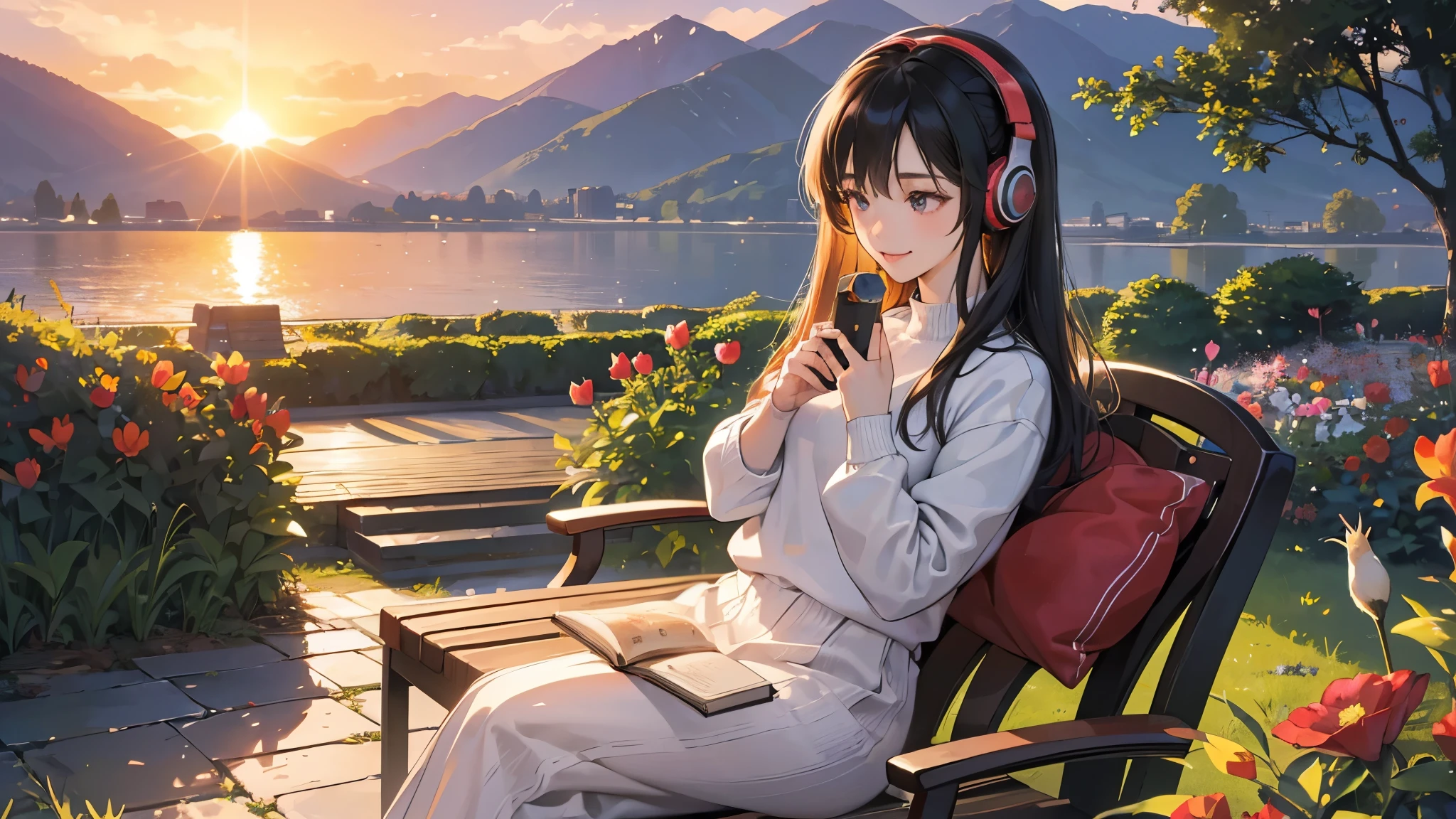 ((masterpiece)),(((bestquality))),((ultra-detailed)) realisticlying, 1 girl, korean woman, Beautiful, sit on the chair, wearing a sweater, Beautiful sunrice, solo, using headphones, The sky turns red at morning, Face smile, looking away, fowers, read a book, at Garden, outdoor.