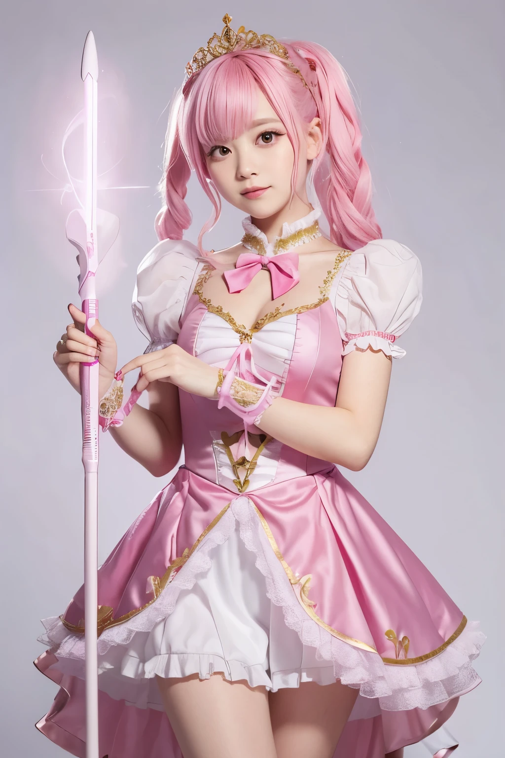 「A girl with pink hair、She is wearing a gorgeous magical girl costume.。She was wearing a pink dress with ribbons and frills.、I have a magic wand in my hand。The tip of the wand is shining with a pink light.、It is designed to look like a bow and arrow.。The background is simple、The character stands out against a white background。」