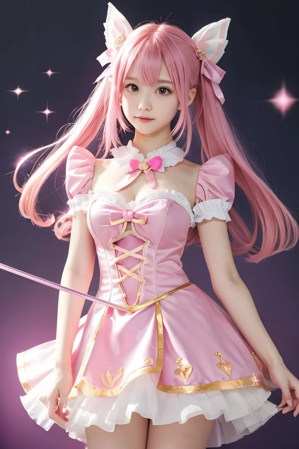 「A girl with pink hair、She is wearing a gorgeous magical girl costume.。She was wearing a pink dress with ribbons and frills.、I have a magic wand in my hand。The tip of the wand is shining with a pink light.、It is designed to look like a bow and arrow.。The background is simple、The character stands out against a white background。」
