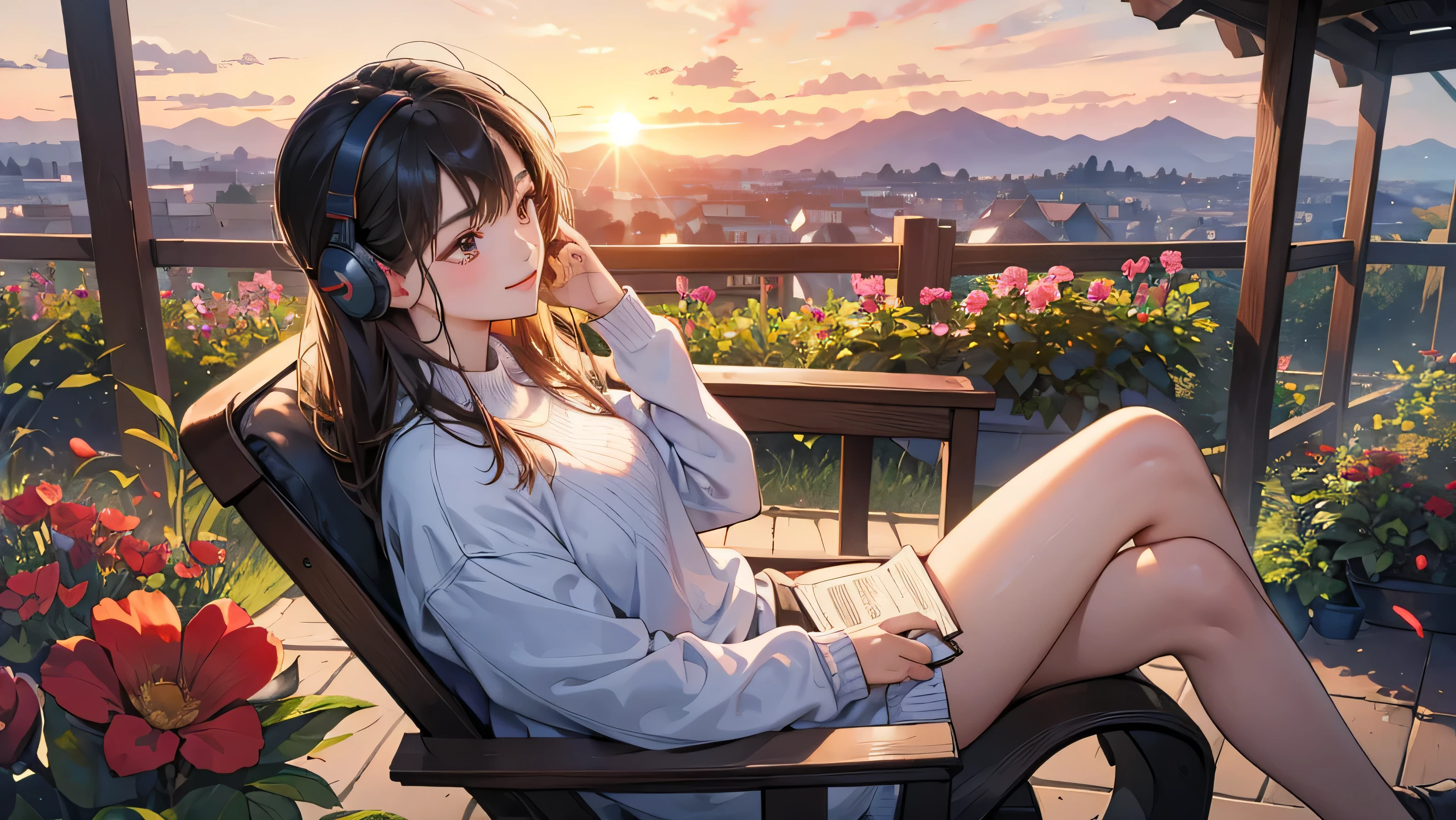 ((masterpiece)),(((bestquality))),((ultra-detailed)) realisticlying, 1 girl, korean woman, Beautiful, sit on the chair, wearing a sweater, Beautiful sunrice, solo, using headphones, The sky turns red at morning, Face smile, looking away, fowers, read a book, at Garden, outdoor.