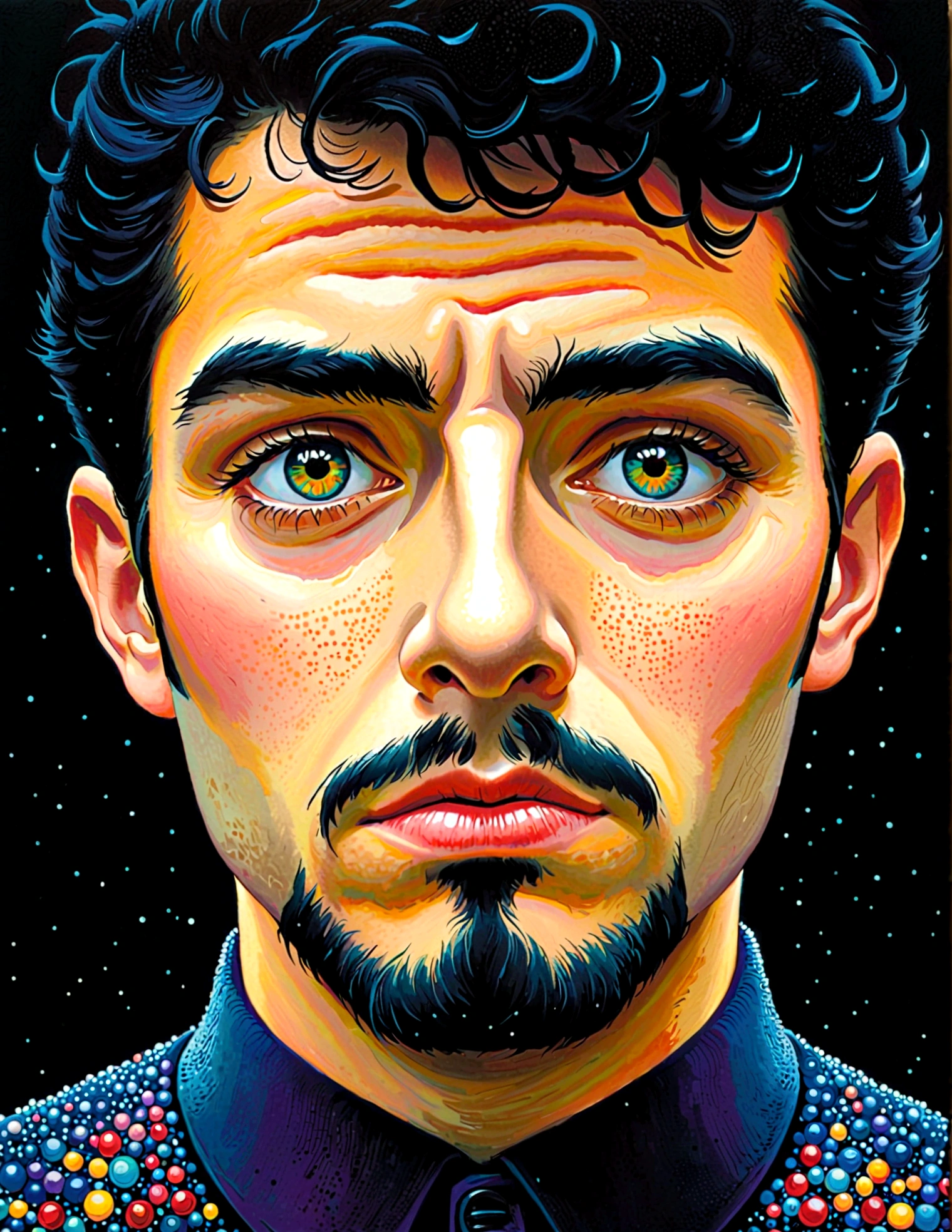 Pointillism, A nihilist is thinking about the futility of things，Disgusted look，And draw conclusions，Nothing makes sense, Particles representing blind spots, 8K, masterpiece, Wonderful composition, contrast between dark and dark, Minimal use of color