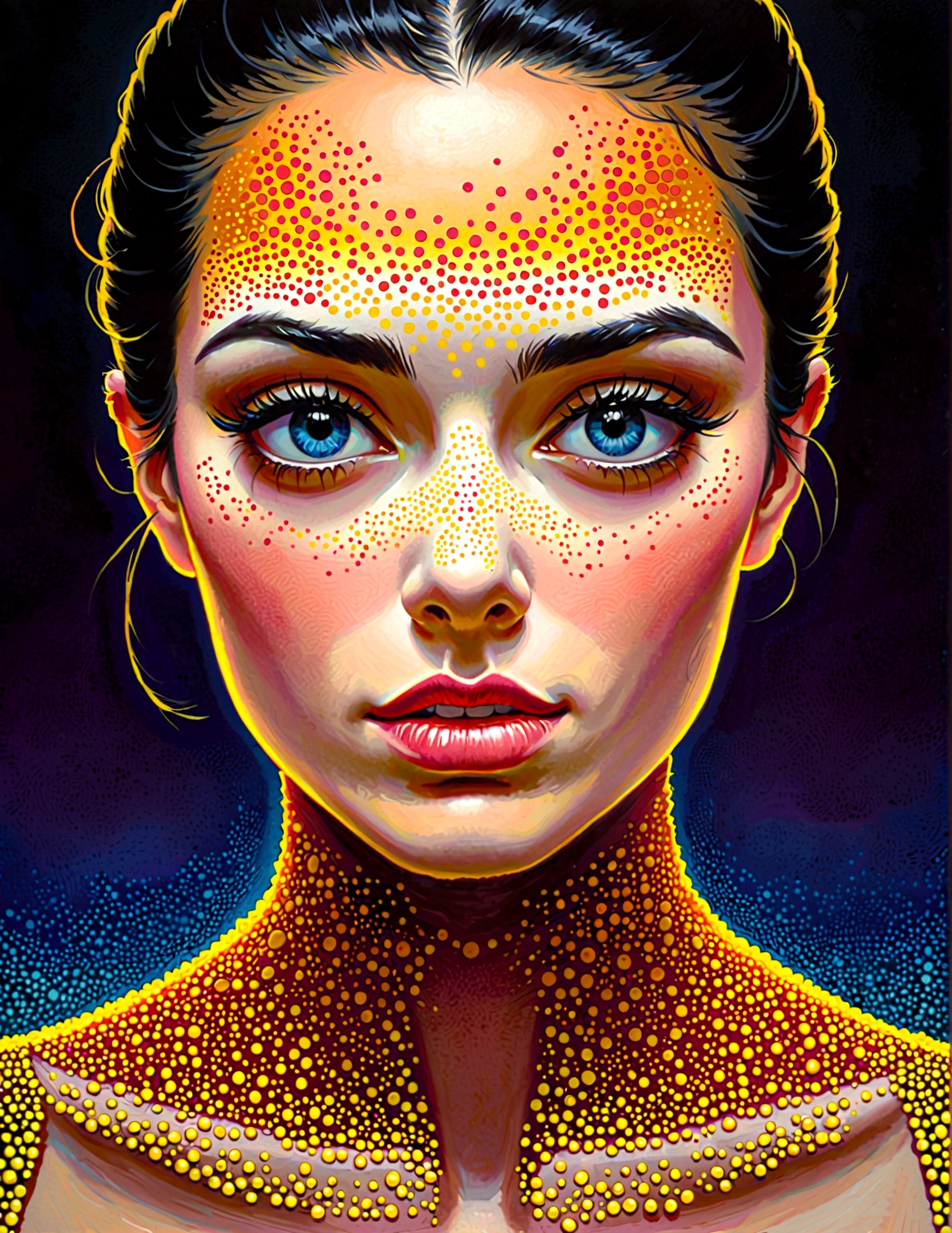 Pointillism, A nihilist is thinking about the futility of things,Disgusted look,And draw conclusions,Nothing makes sense, Particles representing blind spots, 8K, masterpiece, Wonderful composition, contrast between dark and dark, Minimal use of color
