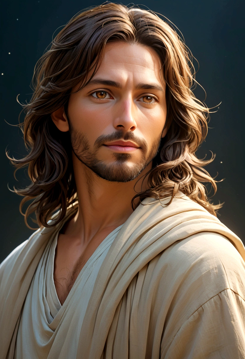 looking at camera with modern clothes, tender and bright look seen Jesus 35 year old is depicted in the image as a compassionate and gentle figure with shoulder-length, wavy brown hair cascading over his shoulders. His mesmerizing hazel eyes convey a profound sense of wisdom and empathy, radiating warmth and understanding. A serene smile graces his lips, illuminating his face with an otherworldly tranquility. modern clothes, Miki Asai Macro photography, close-up, hyper detailed, trending on artstation, sharp focus, studio photo, intricate details, highly detailed, by greg rutkowski