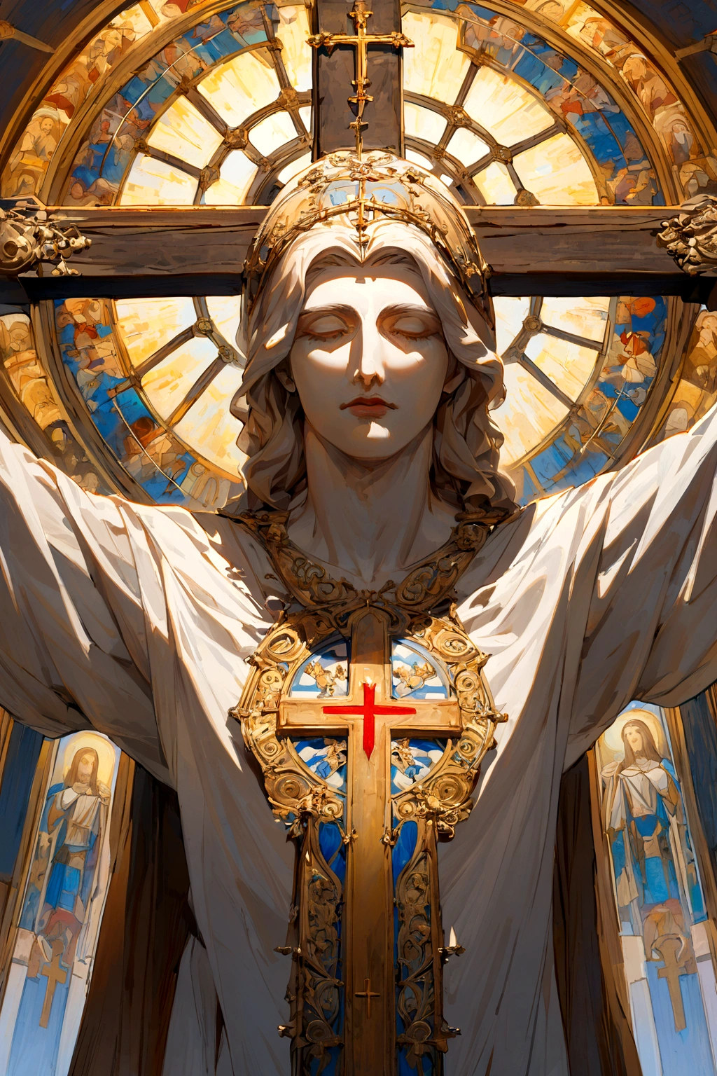 a close up of a statue of jesus on a cross, jesus christ, jesus on cross, jesus christ on the cross, religious iconography, jesus of nazareth, , crucifix, holy, bright light masterpiece, holy imagery,