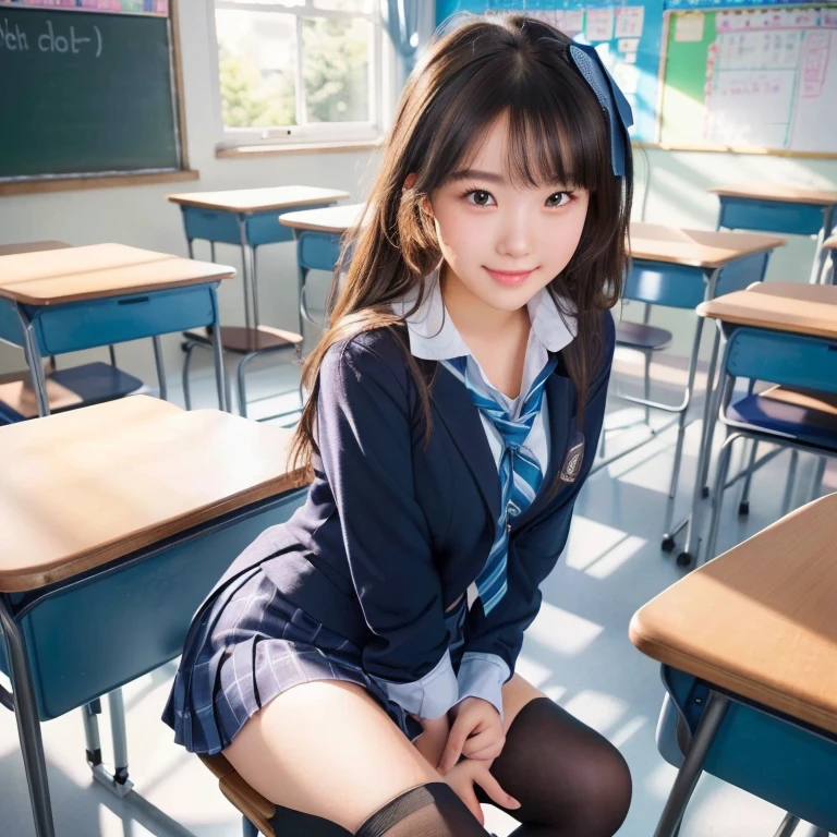 Beautiful girl sitting on a chair in a classroom with a blackboard, beautiful high school girl, a hyperrealistic schoolgirl, hyperrealistic , realistic , visual of a cute girl, cute , standing in class, seductive girl, girl desktop background, attractive girl, school girl