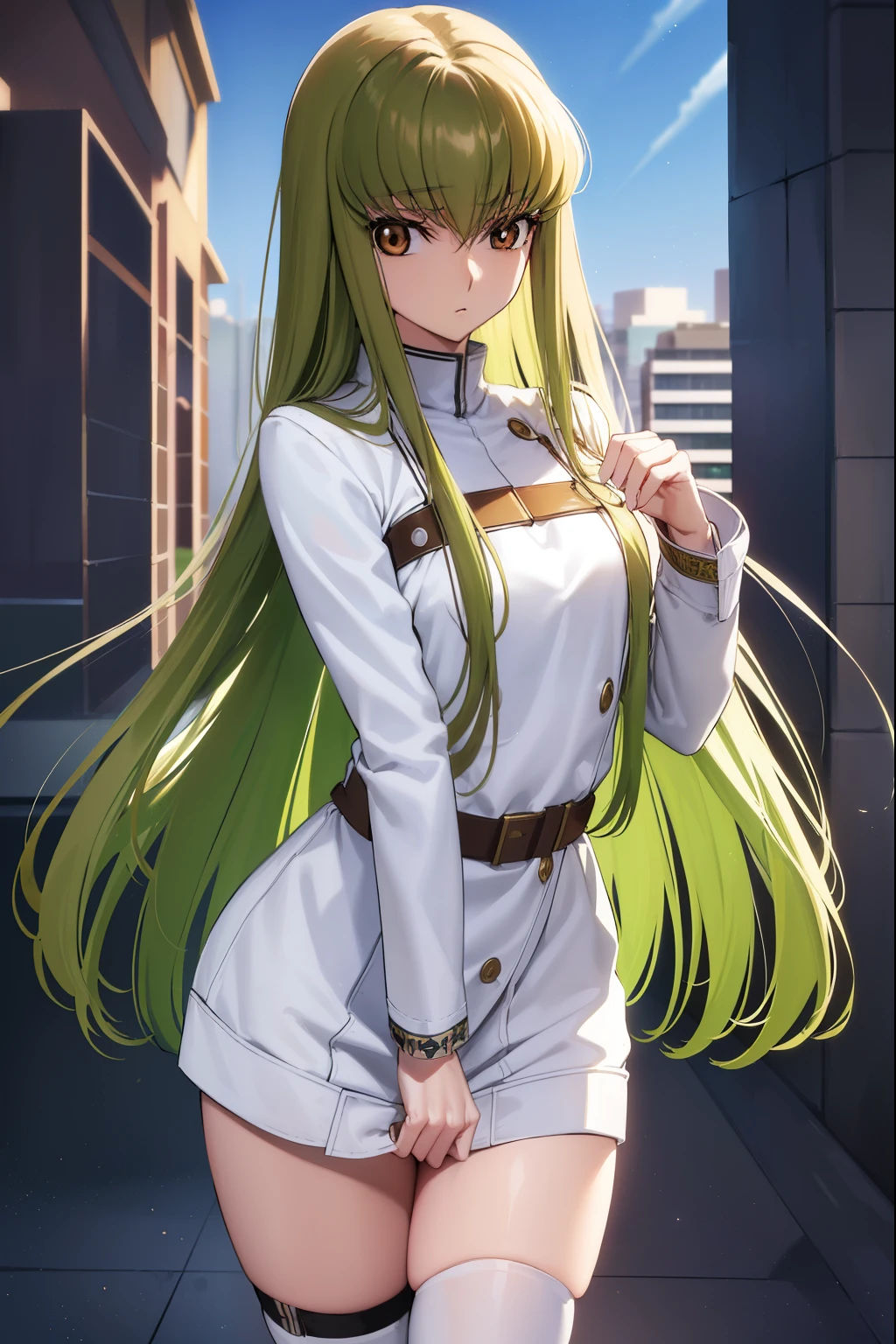 Code Geass CC, cc, (Brown eyes:1.5), Green Hair, Long Hair, Straight hair,
break straitjacket, (White straitjacket:1.5), Wide sleeves, belt, black belt,
break outdoors, city,
break looking at viewer, (Cowboy Shot:1.5),
break (masterpiece:1.2), highest quality, High resolution, unity 8k wallpaper, (figure:0.8), (Detailed and beautiful eyes:1.6), Highly detailed face, Perfect lighting, Extremely detailed CG, (Perfect hands, Perfect Anatomy),