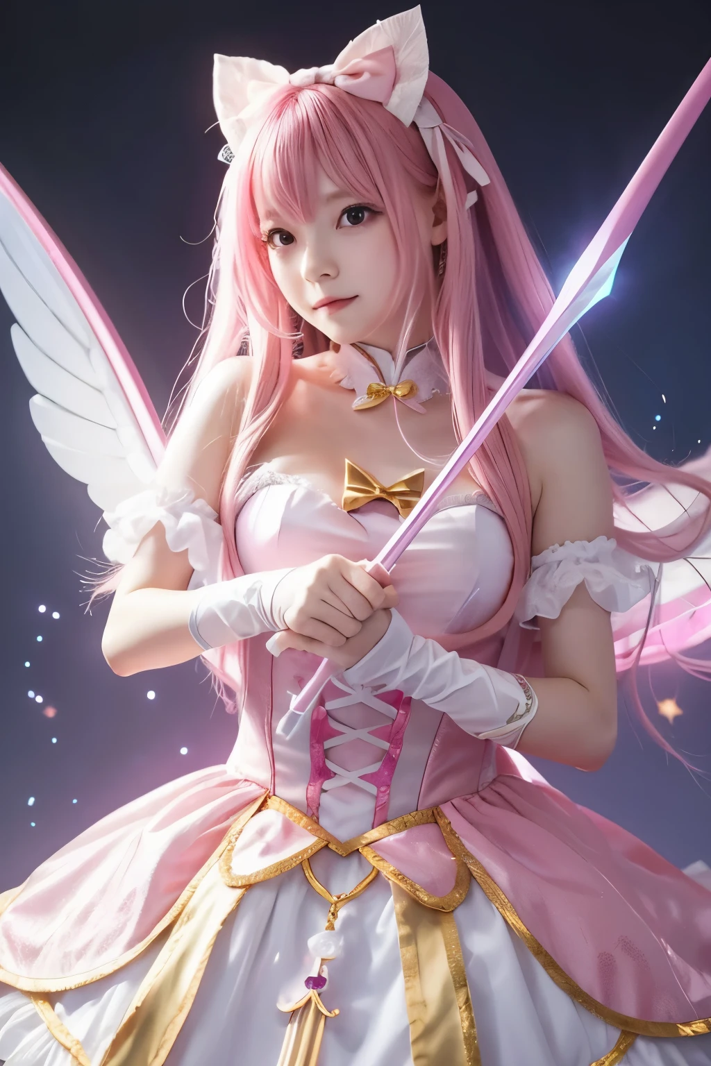 high resolution, 4K,Girl with pink hair, Small breasts, ゴージャスなMagical girlの衣装, Pink Eyes, Well-formed face, Pink dress with ribbons and frills, I have a magic wand in my hand, The tip of the wand is a glowing pink heart., Designed to look like a bow and arrow, Magical girl, Panty shot, Underwear is slightly visible.