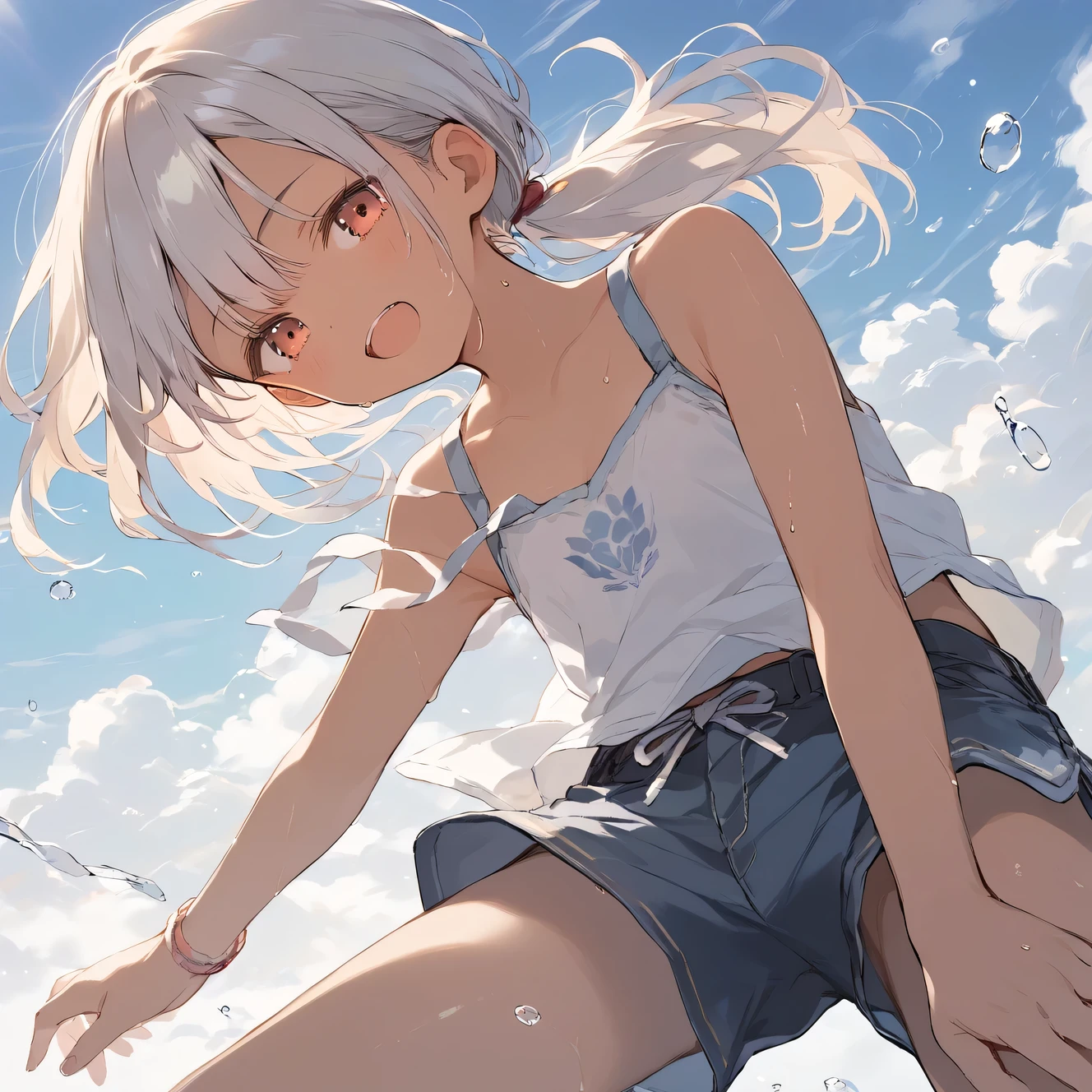 score_9, score_8_up, score_7_up, source_anime, best quality, masterpiece,official art, absurdres, highres, waifu2x,Collection: Slice of Life,break,1girl, tomboy, dark-skinned female, short hair, low ponytail, flat chest, beautiful detailed eyes, short shorts, sweat, open mouth, (yawn:0.3), sleepily, outdoors, wind, break,(clear line illustration:1.2),very high resolution, very aesthetic, super detailed skin, Best sexual lighting powered by famous artist, 8k,cute picture,beauty illustration,photoshop_(medium),,(Detailed Lighting)