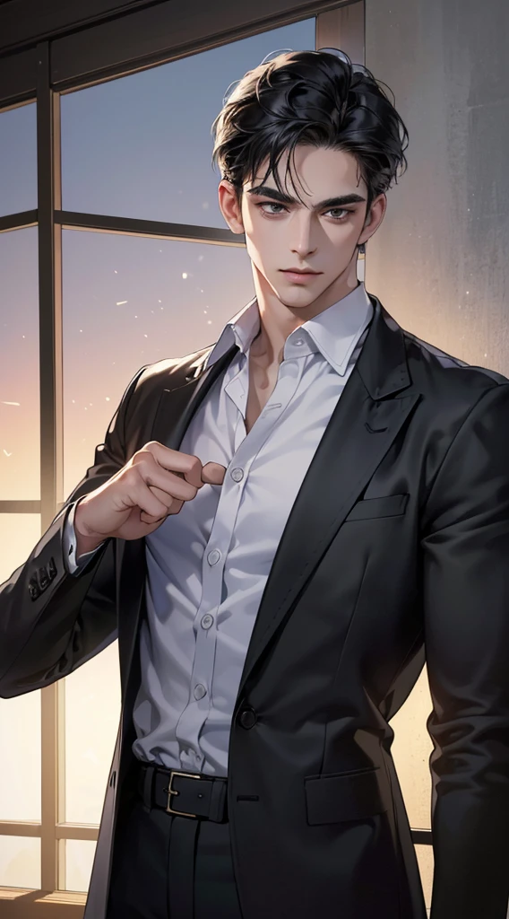 (best quality, masterpiece, 8K, photorealistic, cinematic lighting, hdr image, ultra detailed, beautiful image), a man, very handsome, serious, short black hair, black eyes, perfect face without errors, ((buttonthe jacket, CEO))