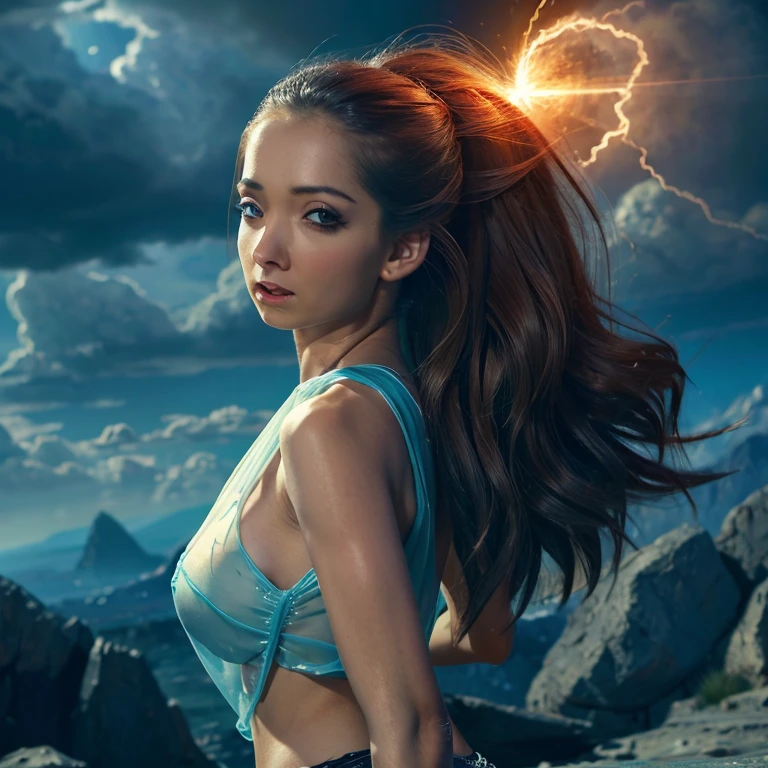 a woman with flowing sheer silk clothes, yelling as she summons a dragon ball, blasted moonscape, highly detailed, 8k, photorealistic, cinematic lighting, dramatic, powerful, energetic, athletic, young female, detailed face and eyes, flowing hair, dramatic pose, powerful energy, dragon ball, blasted moonscape, dramatic sky, glowing energy, cinematic, epic, stunning, masterpiece