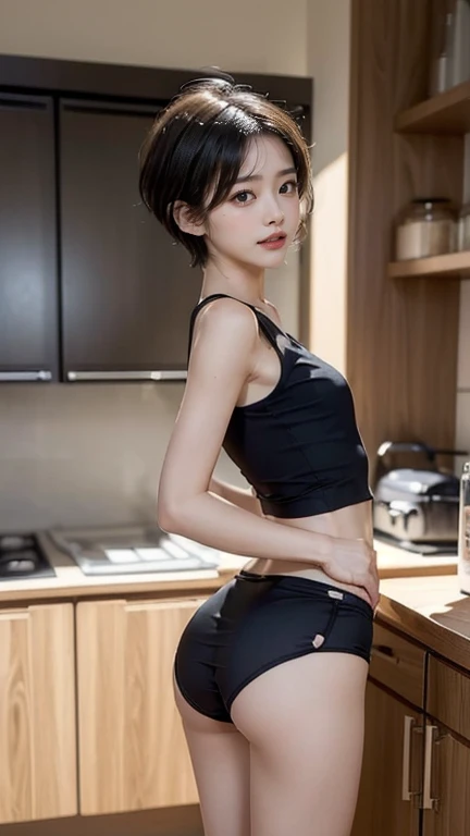 (clothing:2.0, Sleeveless T-shirt:1.8, boxer shorts:1.8), (Wet:1.2), ((Grin:1.2, short hair:1.2, thin:1.5, Small Ass:1.5)), (kitchen:1.5), ((Japanese, 1 girl, 18-year-old, 7 heads, Ideal body type, Black Hair, With bangs, Small breasts, Erect nipples, thin, Small Ass, Beautiful legs, thin脚)), Surrealism, Cinema Lighting, Written boundary depth, front View,  debt/1.8, 135mm, Ticker, masterpiece, Collect and organize, ((Anatomically correct:1.3)), Textured skin, Super detailed, High detail, high quality, Awards, 最high quality, High resolution, 8k